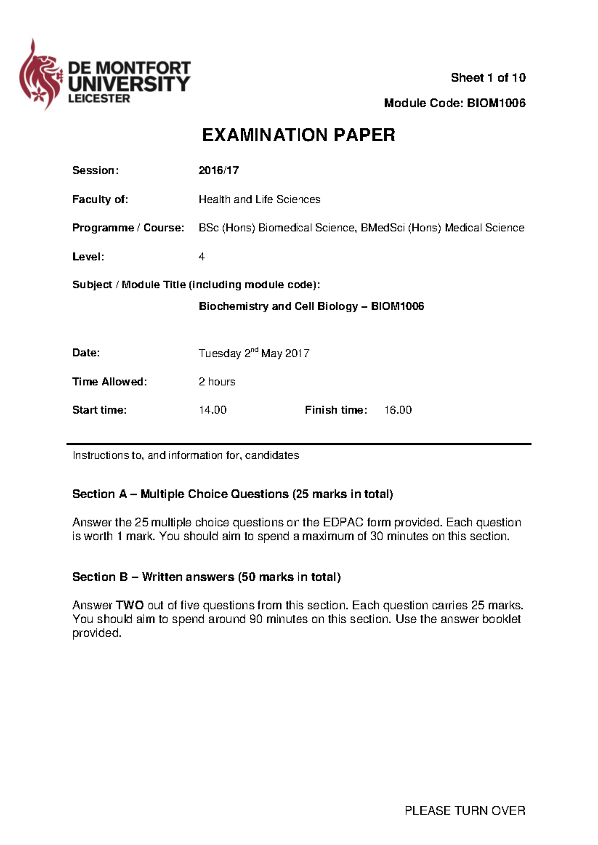 Biom Exam Module Code Biom Examination Paper Session Faculty Of Health And