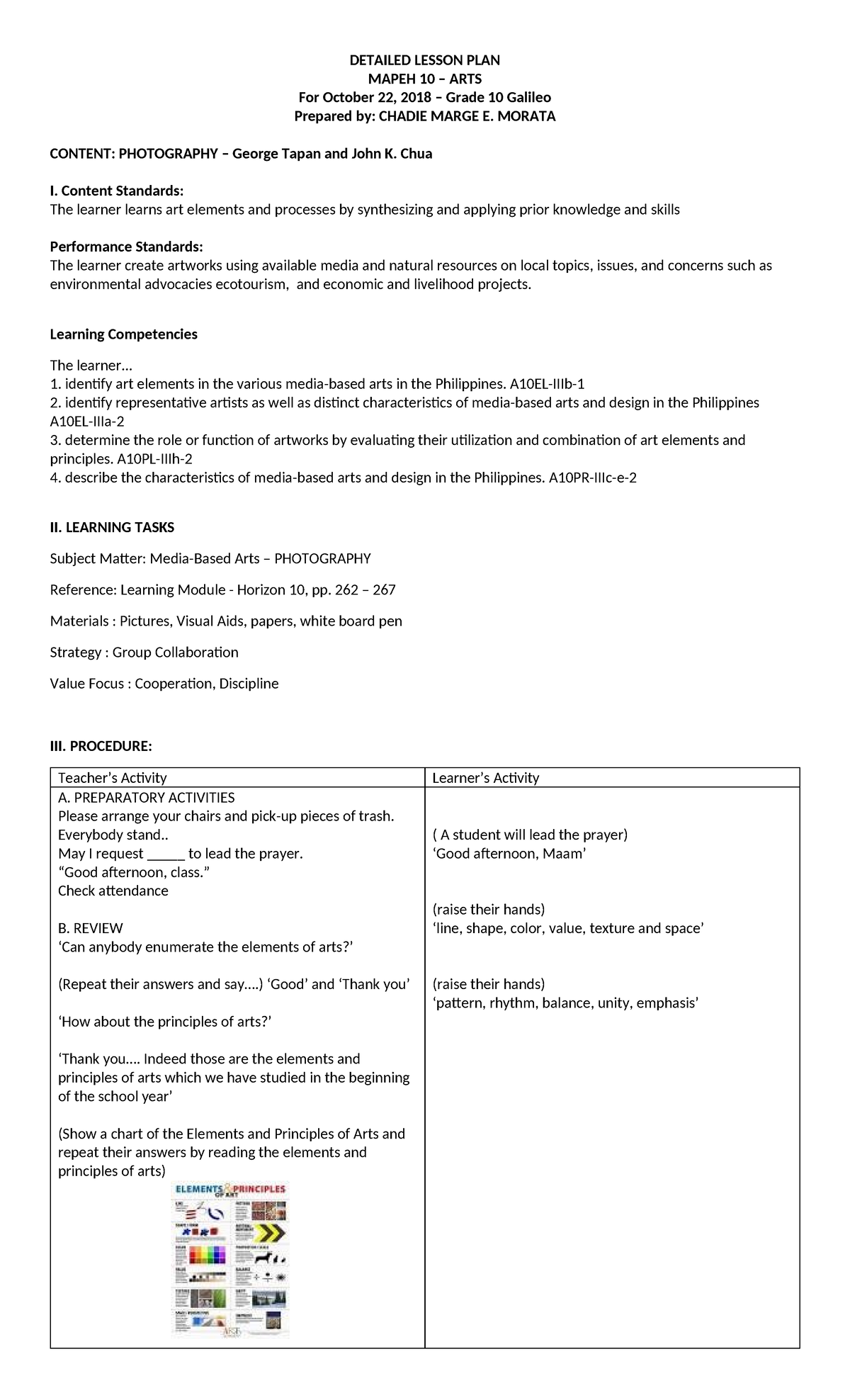 405864012 Detailed Lesson Plan Grade 10 Arts Photography Detailed