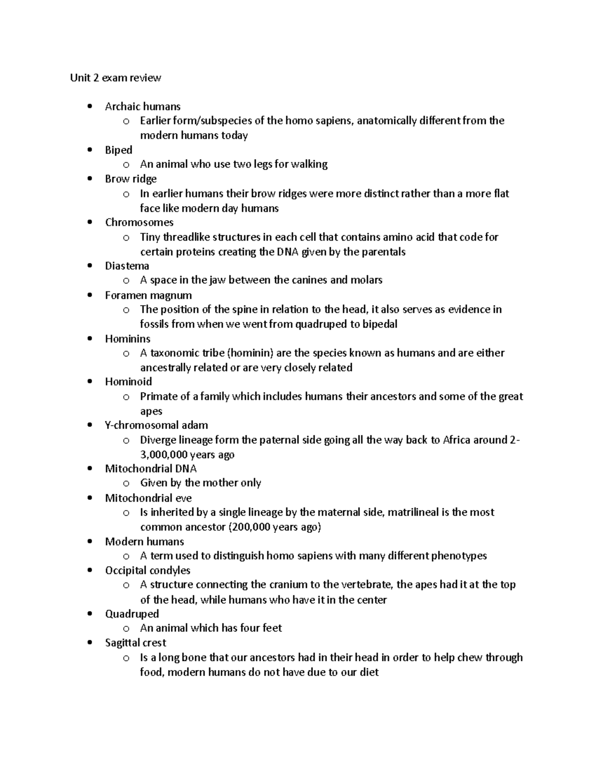 Unit 2 exam review - Dr. Hranitz - Unit 2 exam review Archaic humans o ...