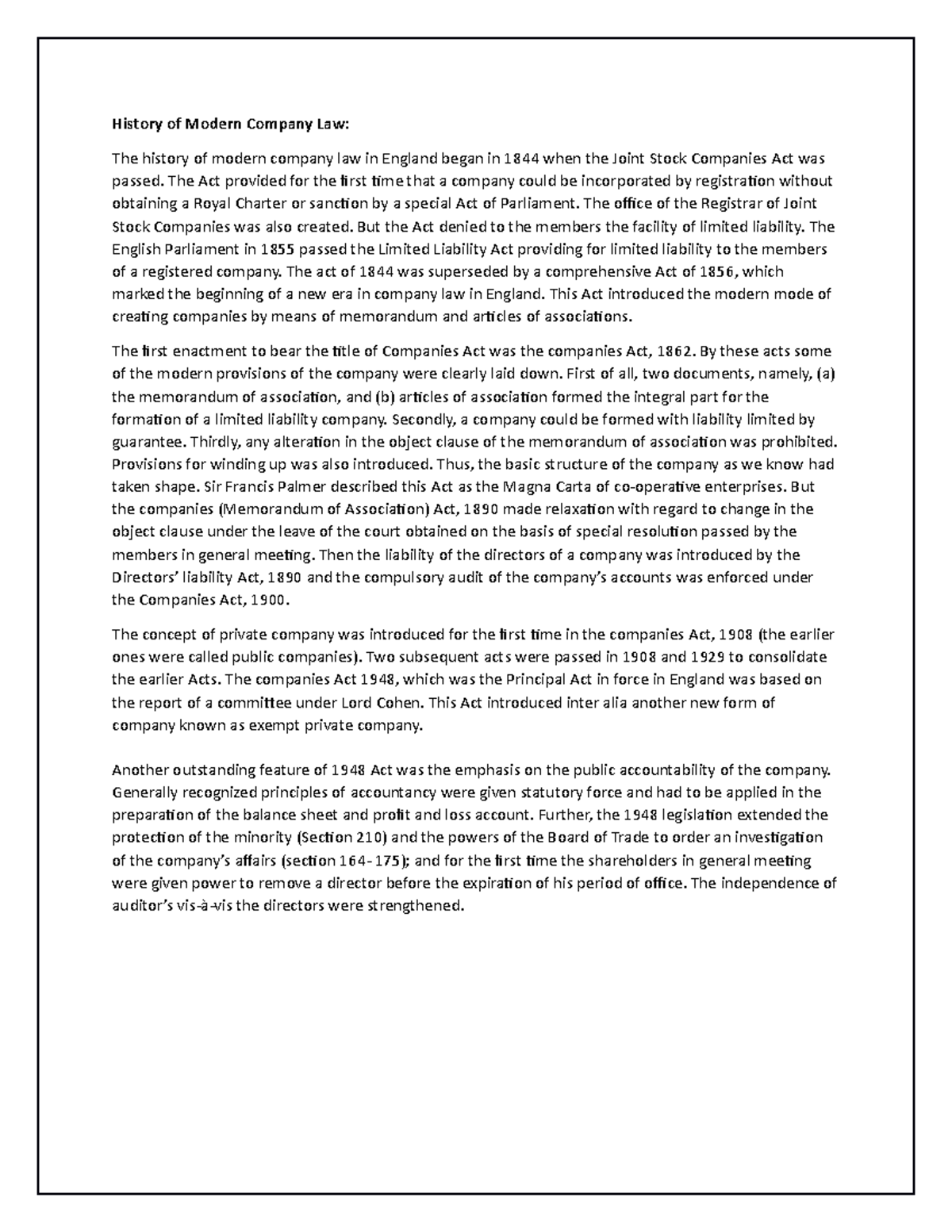 History of Modern Company Law - The Act provided for the first time ...