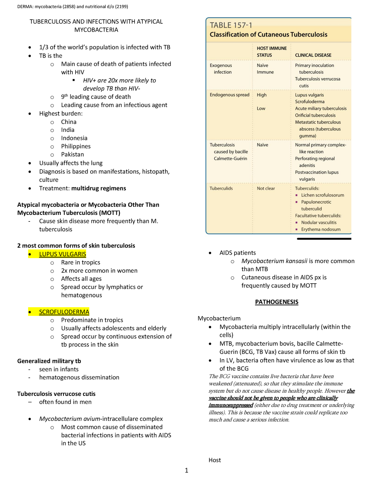 Derma mycobacterium and nutrition - Medicine - StuDocu