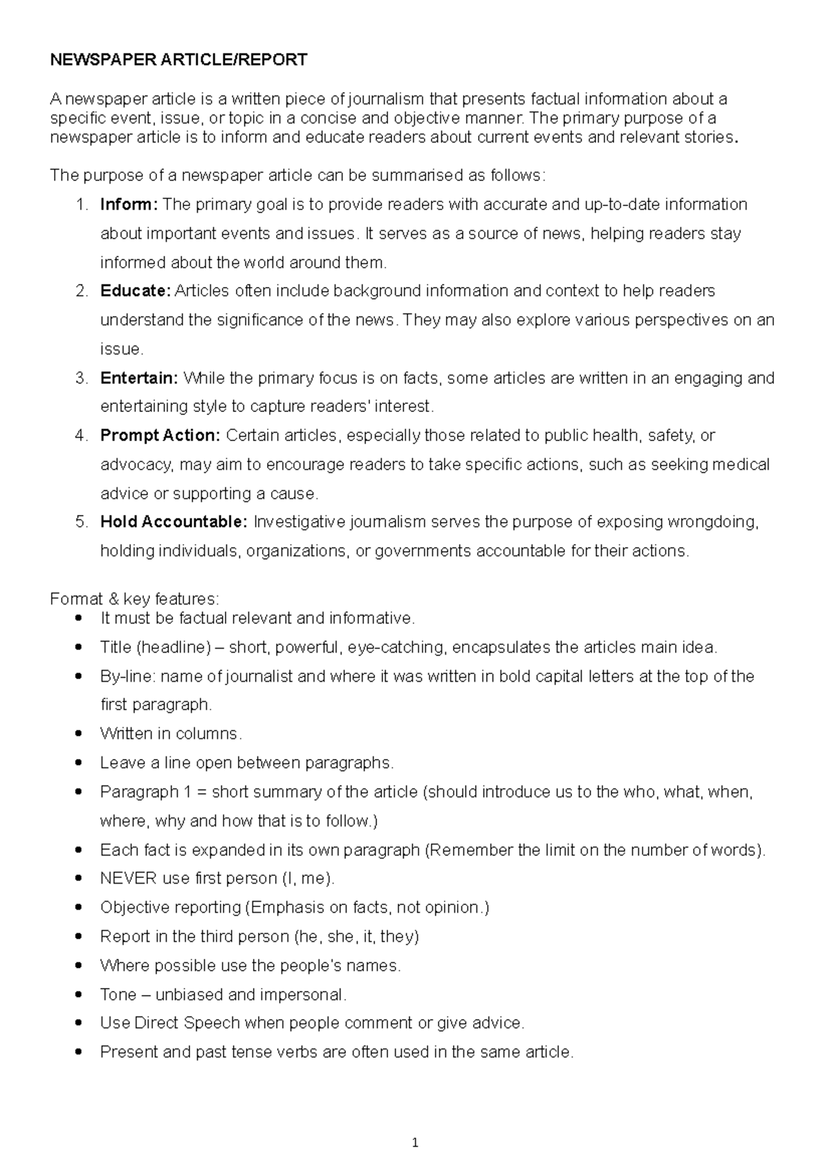 Newspaper Article Notes - NEWSPAPER ARTICLE/REPORT A newspaper article ...