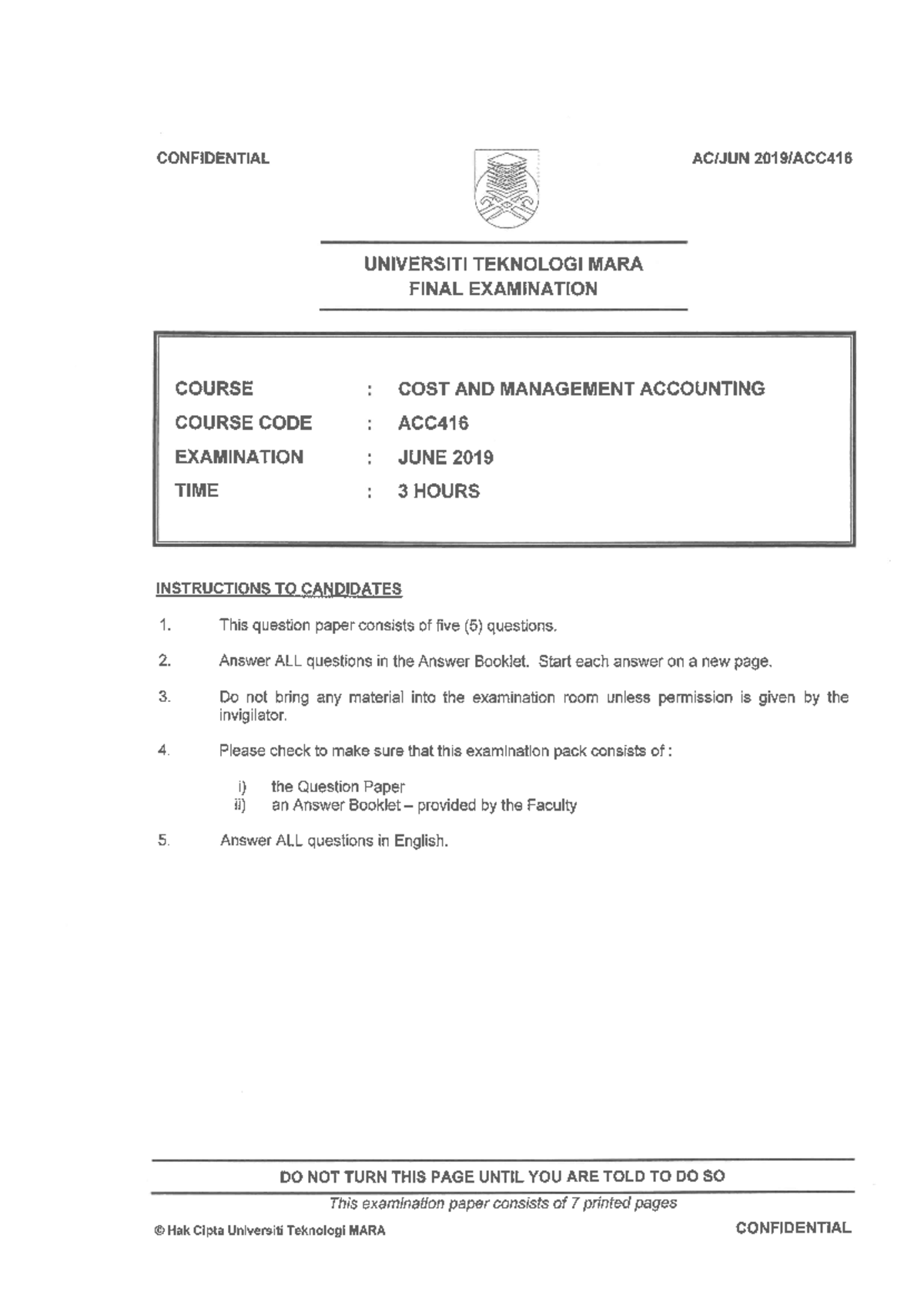 ACC416 june2019 - Cost and management accounting - Studocu