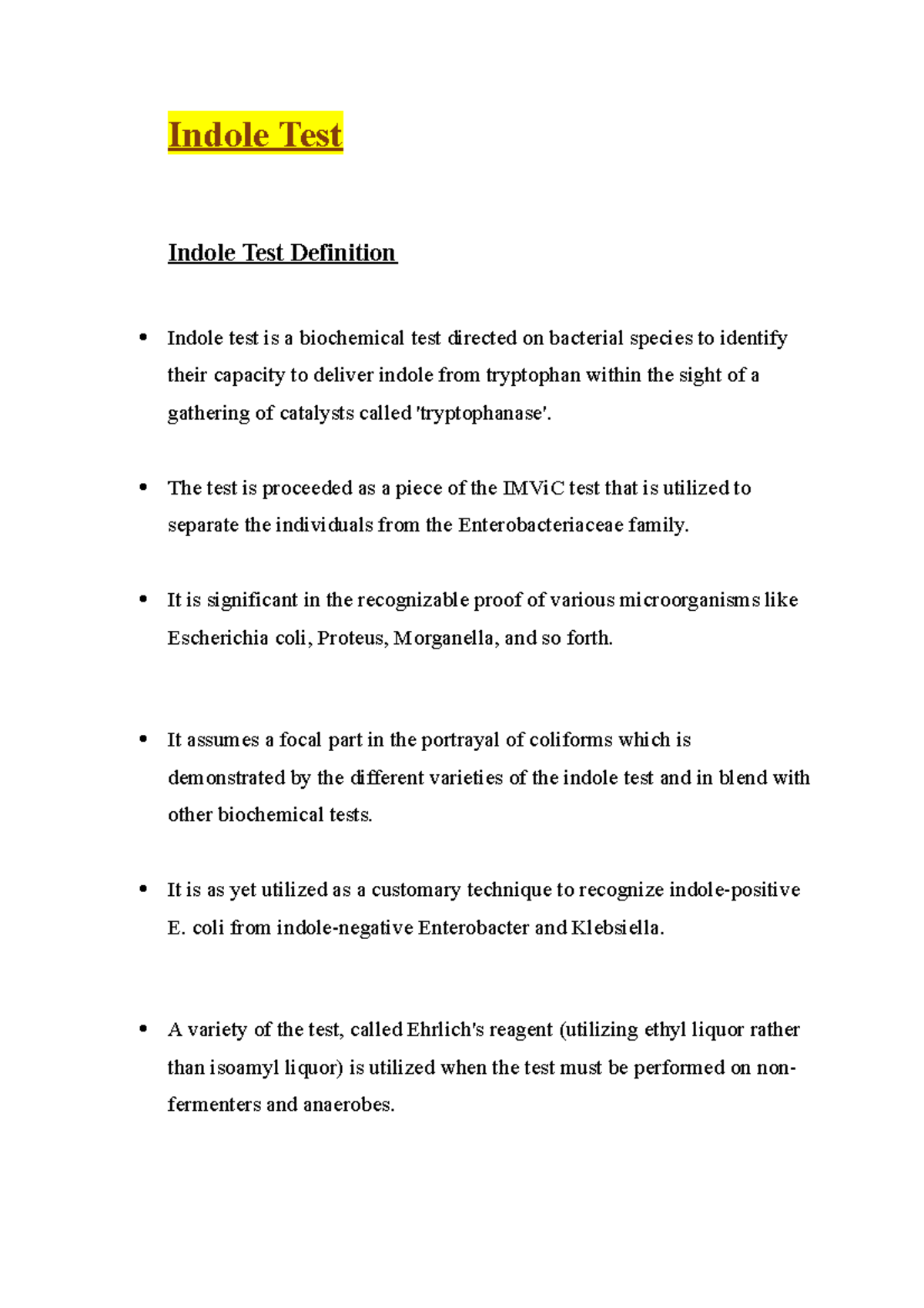 Indole Test useful lecture notes Indole Test Indole Test Definition