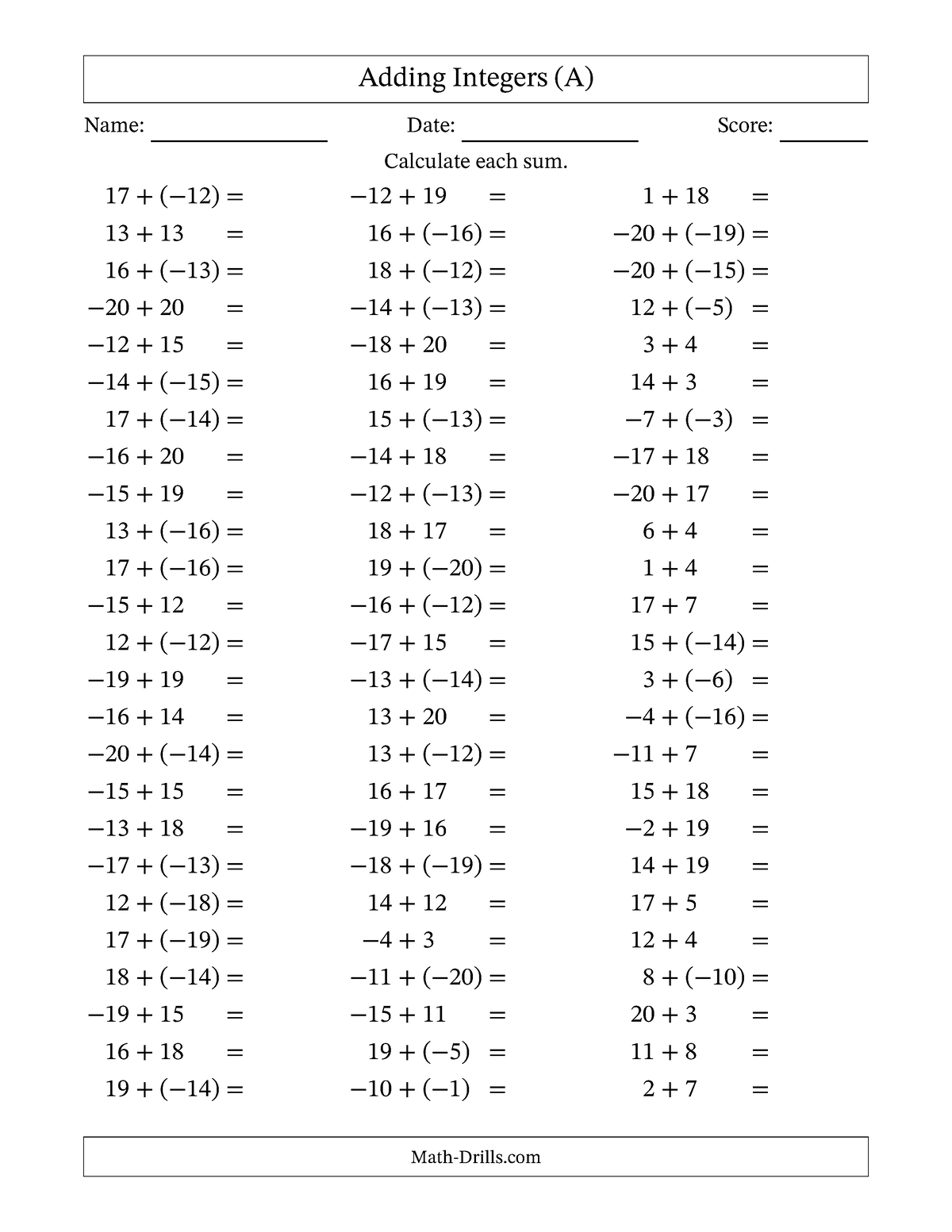 Integers addition negative parentheses -20to20 - Adding Integers (A ...