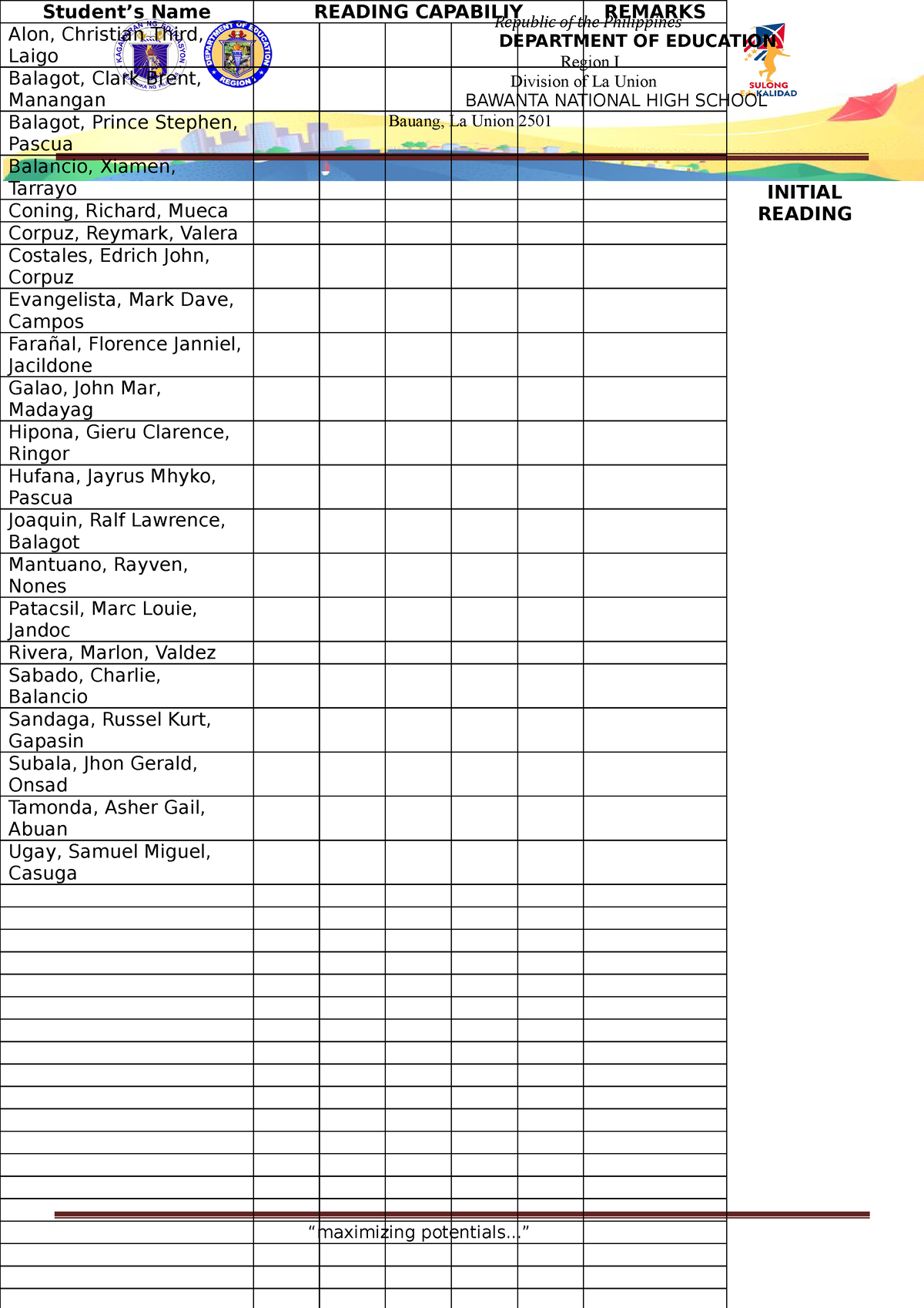 Reading Assessment PER YEAR Level 2022-2023 - Republic of the ...