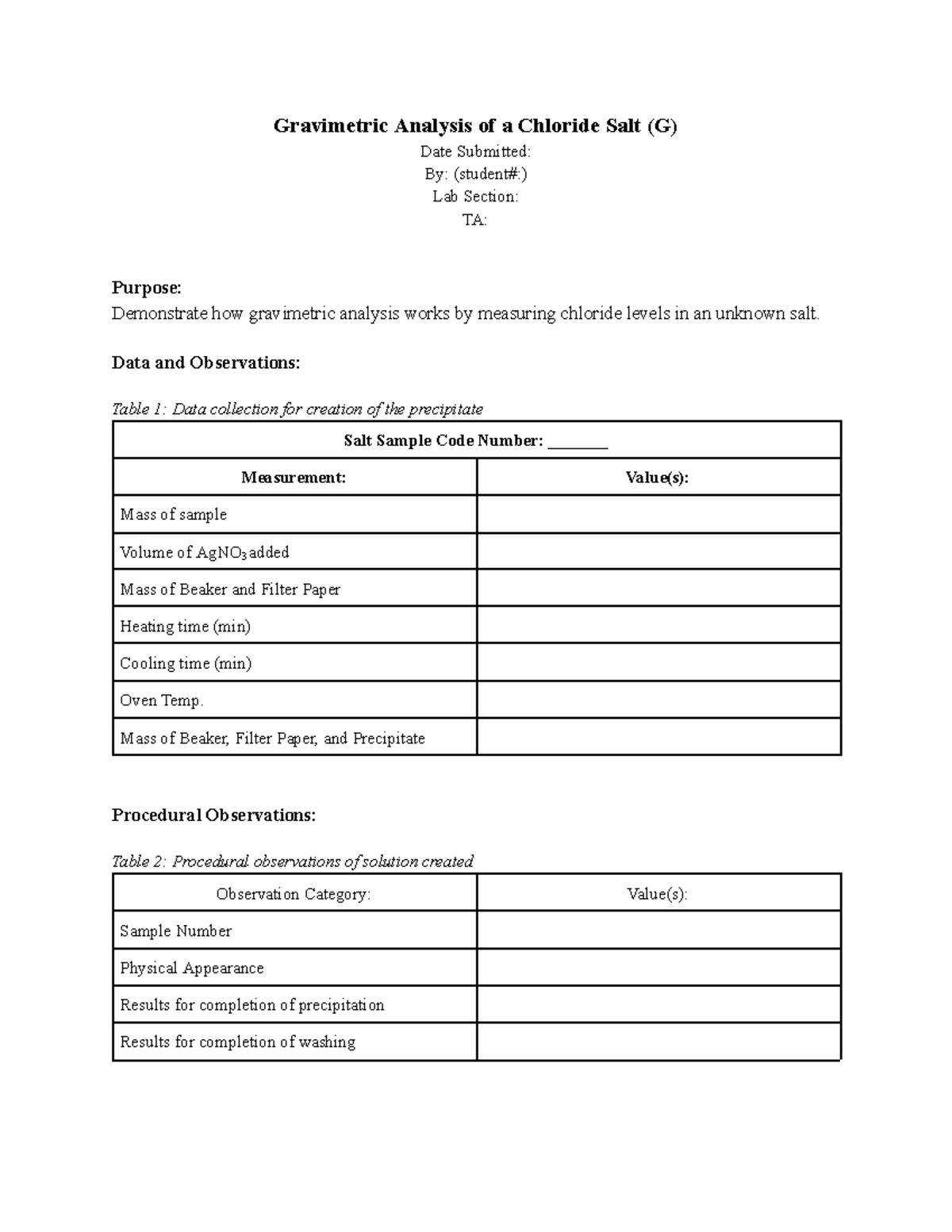 G pre lab - Gravimetric Analysis of a Chloride Salt (G) Date Submitted ...