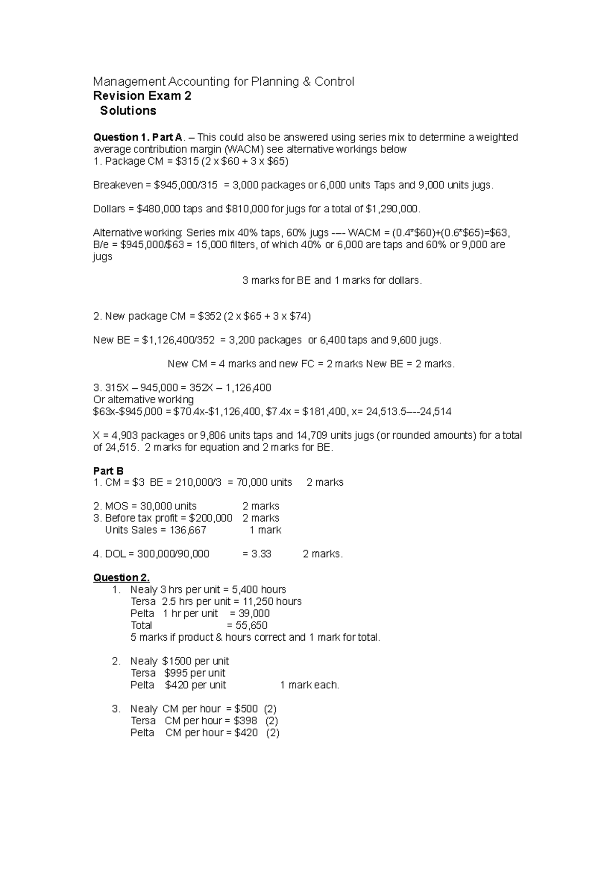 Exam 2 11 June 2014, answers - Management Accounting for Planning ...