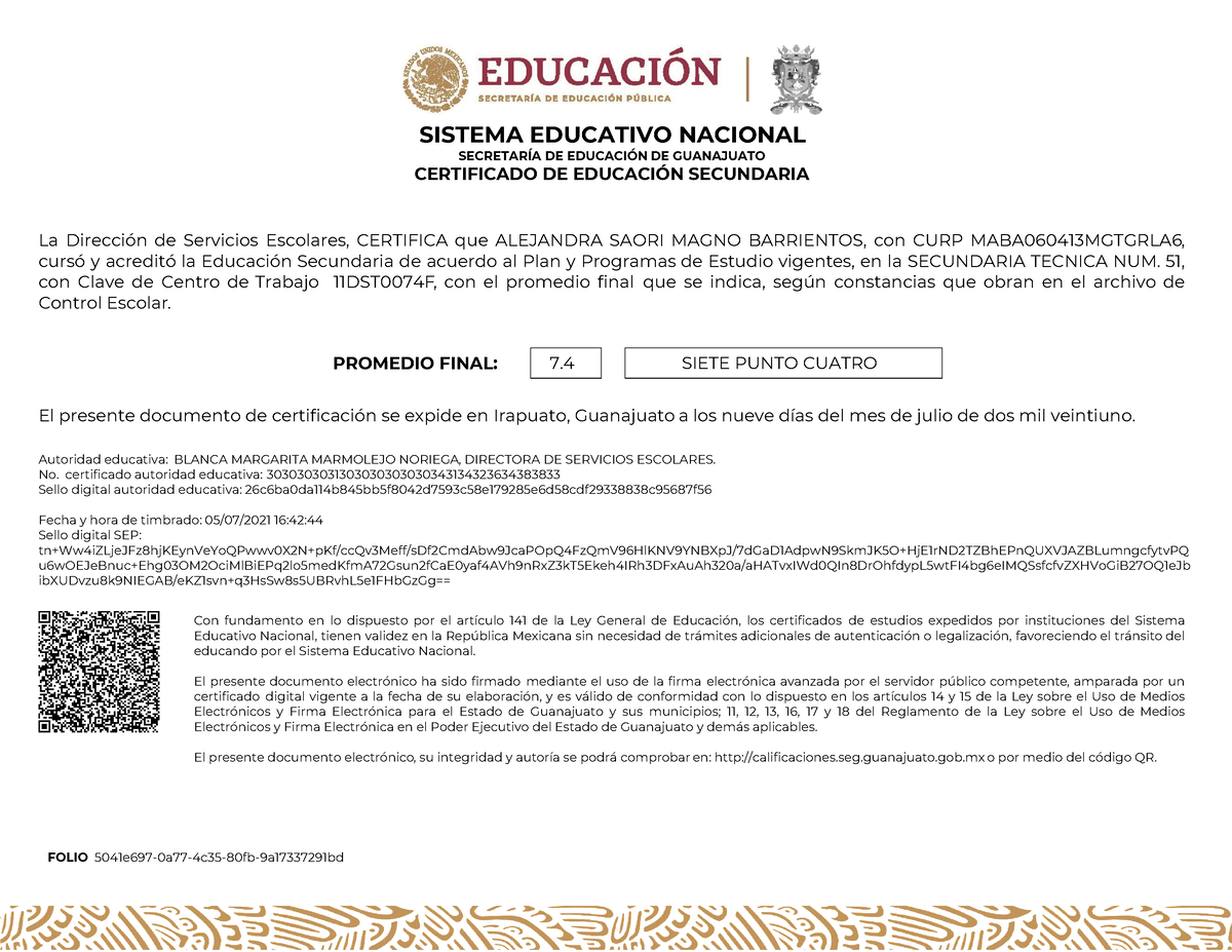 Certificado De Secundaria Folio 5041e697 0a77 4c35 80fb 9a17337291bd Sistema Educativo 8615