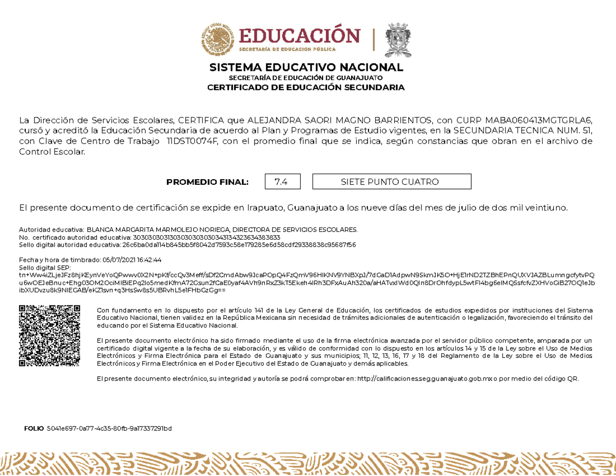 Certificado De Secundaria Folio 5041e697 0a77 4c35 80fb 9a17337291bd Sistema Educativo 8615