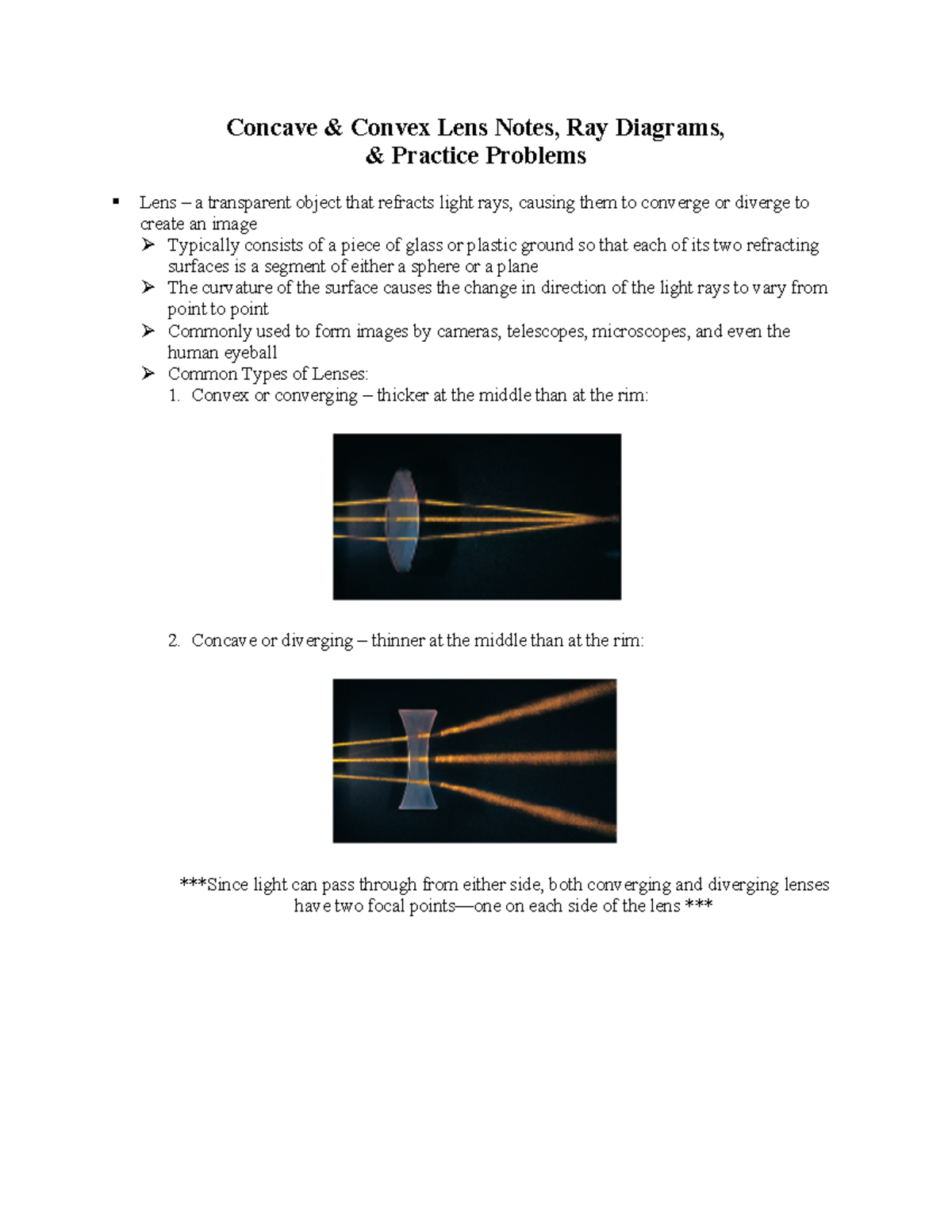 Concave & Convex Lens Notes, Ray Diagrams, & Practice Problems