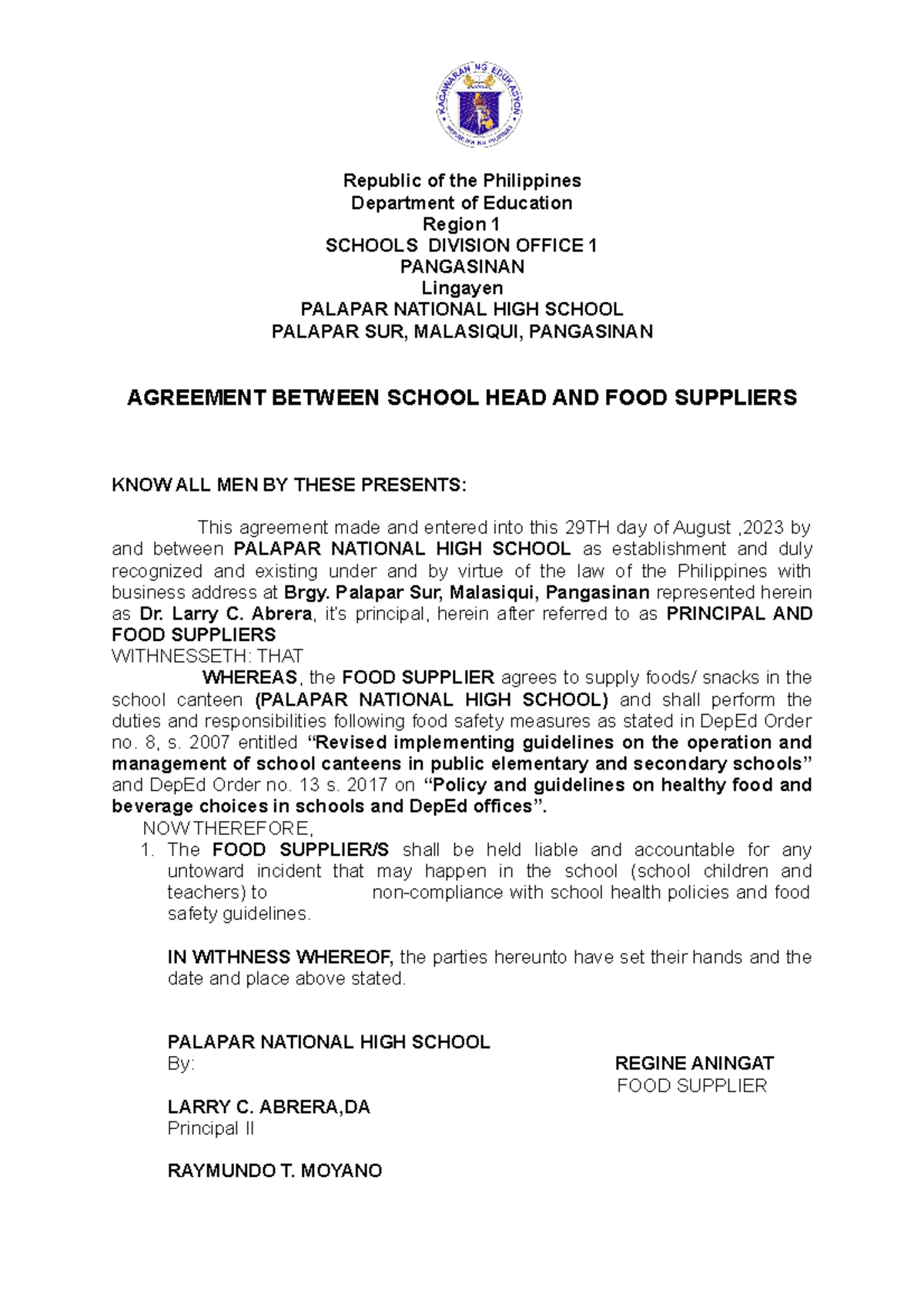 MOA School Canteen 2023-2024 - Republic of the Philippines Department ...