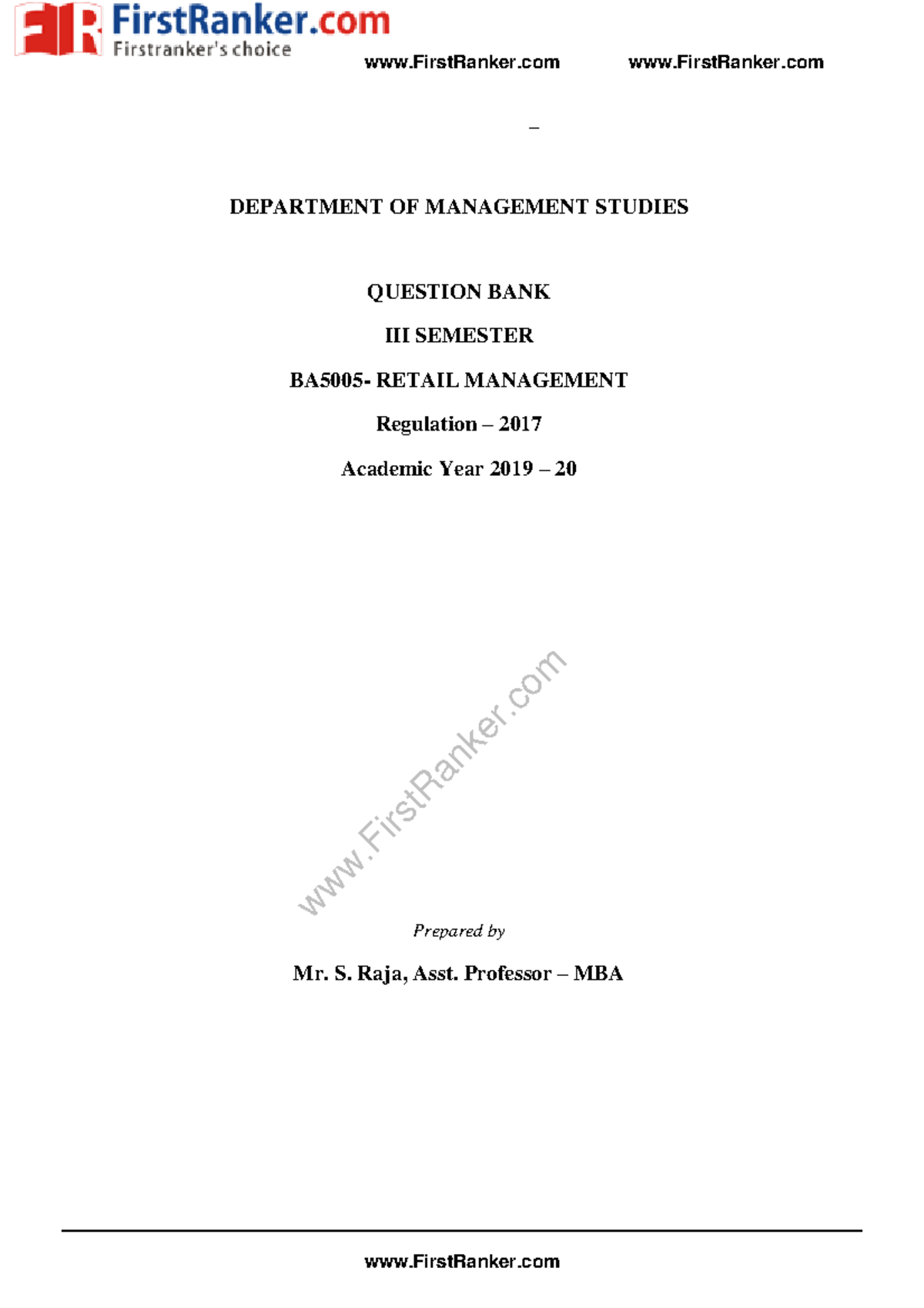 Retail Management - Lecture notes 1 - FirstRanker – DEPARTMENT OF ...