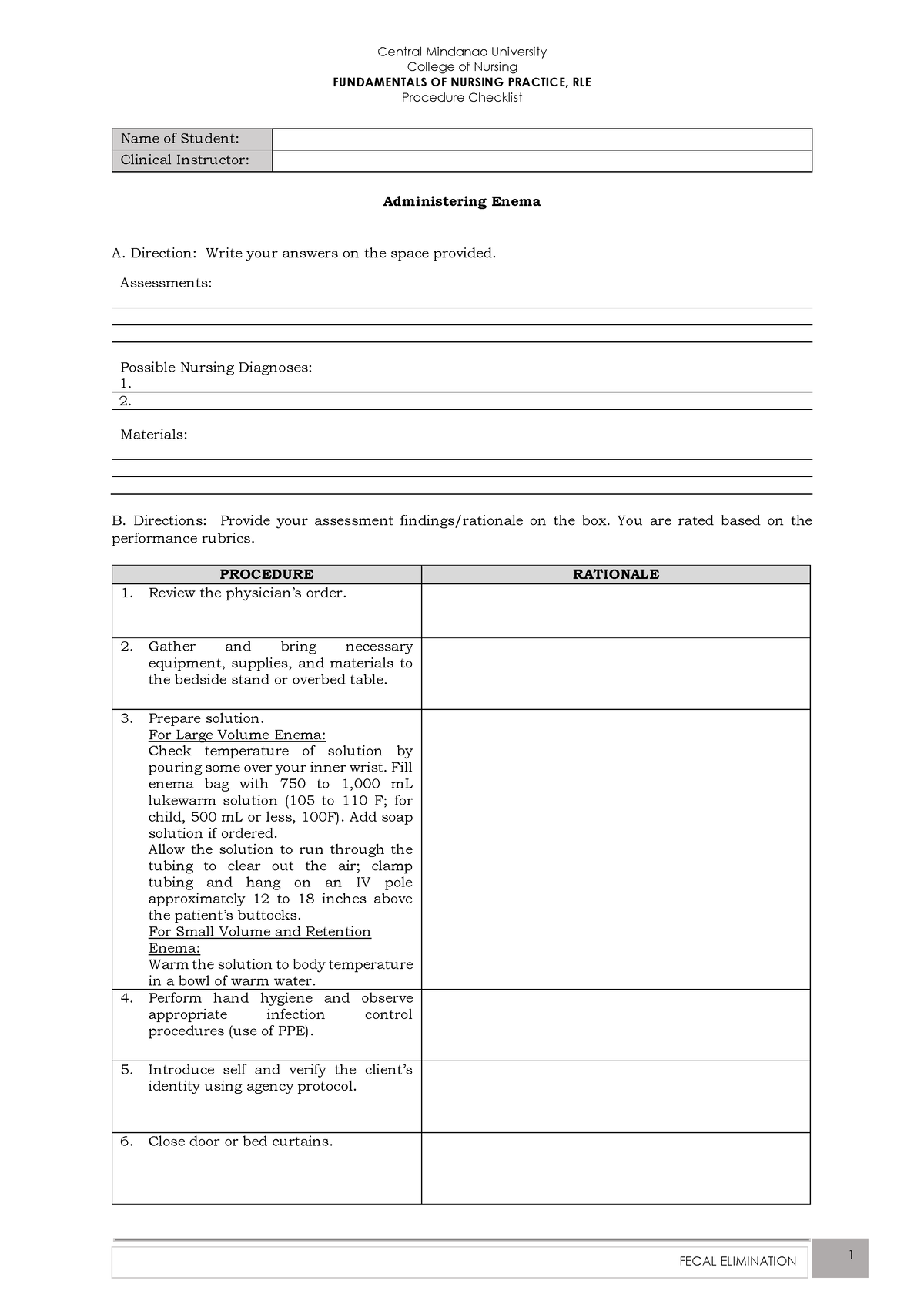 Administering Enema Procedure Checklist - College of Nursing ...