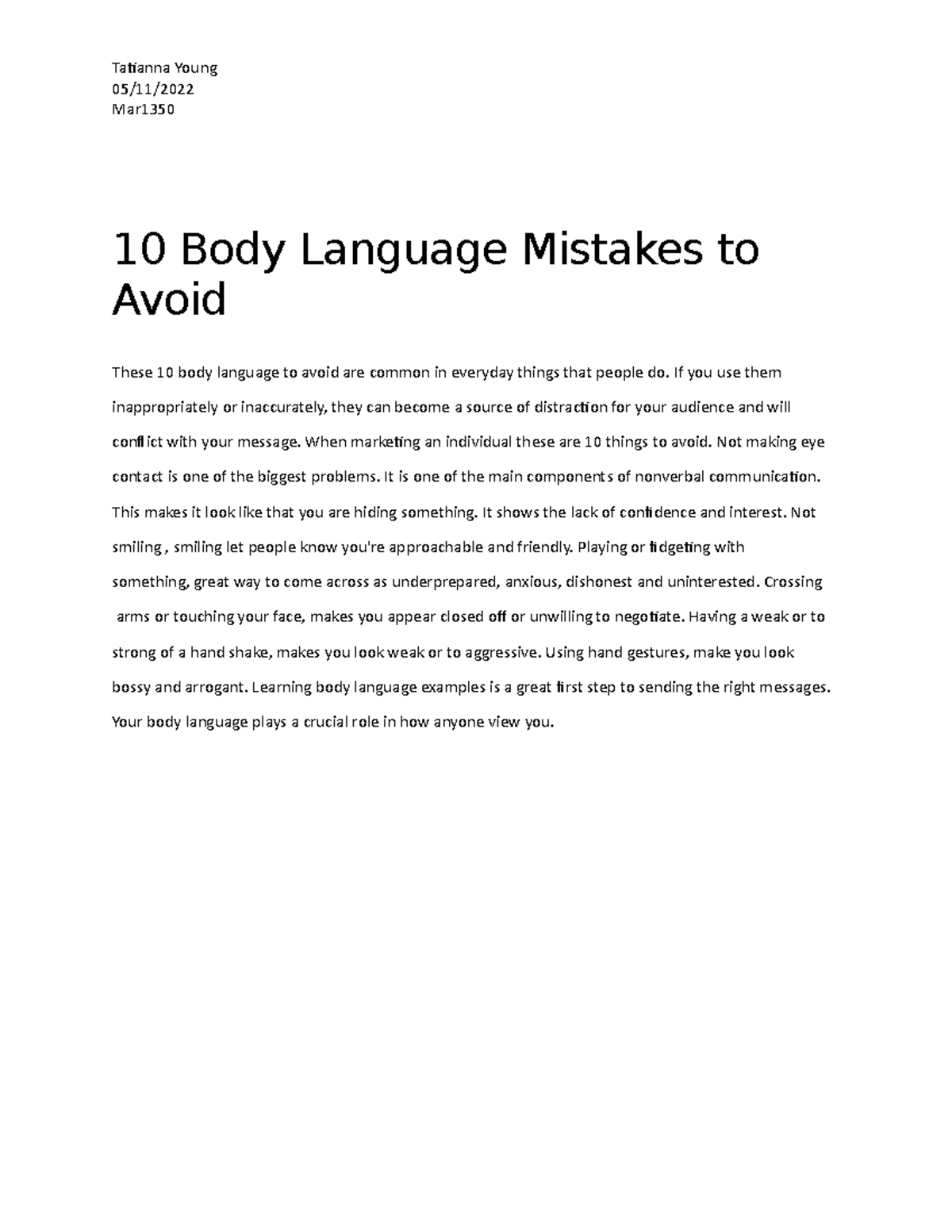 10 Body Language Mistakes to Avoid; tatianna young - MAR1350 - TCC ...