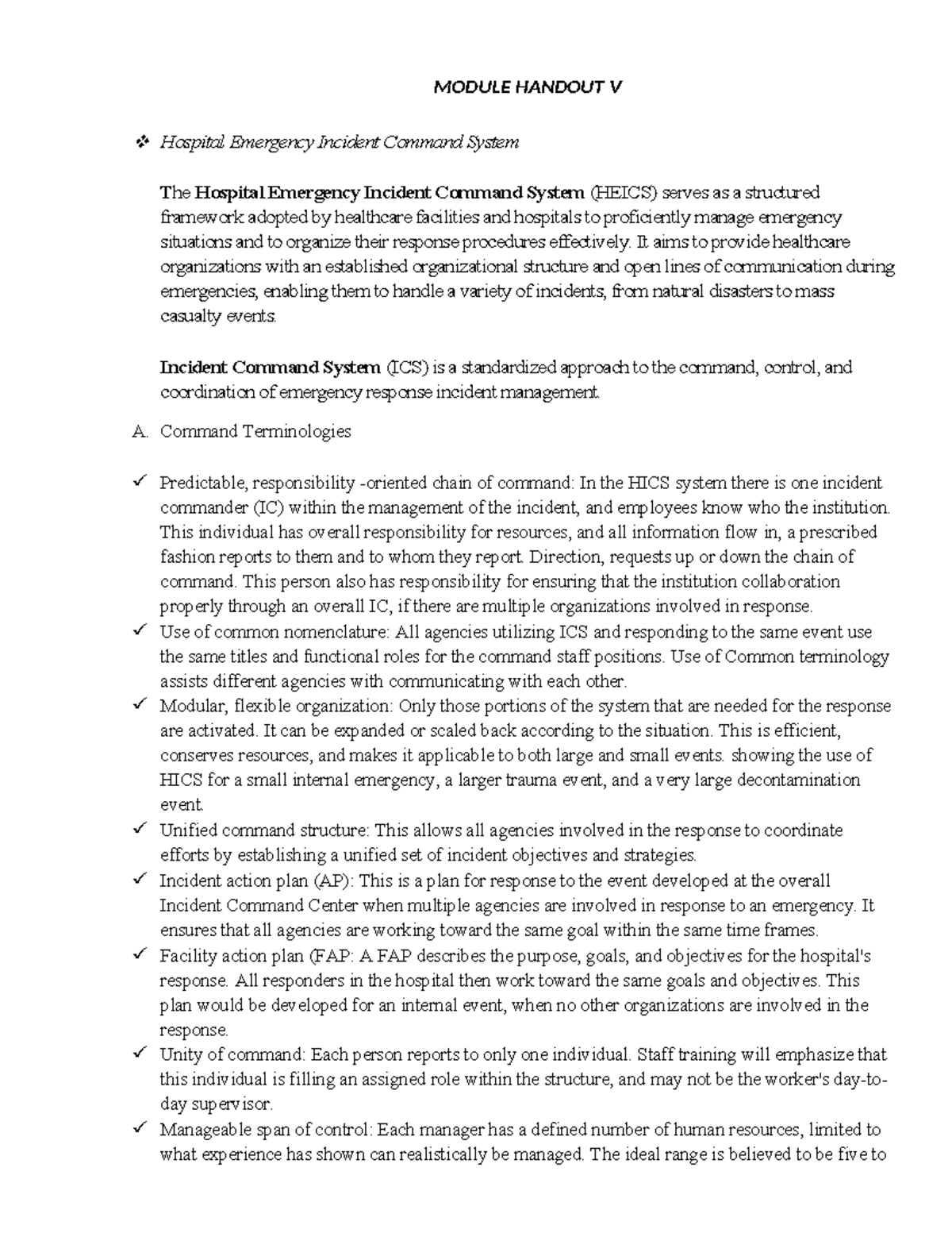 Module 5 - MODULE HANDOUT V Hospital Emergency Incident Command System ...