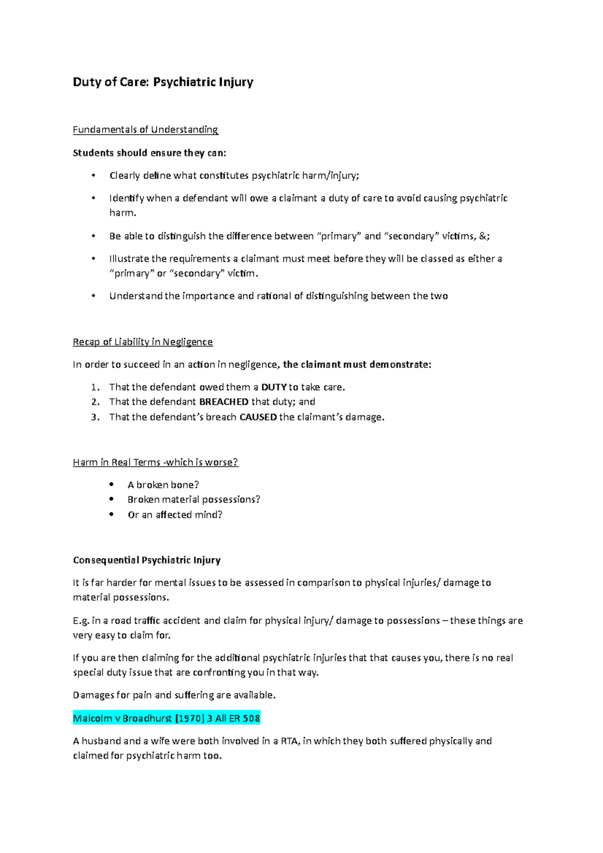 Psychiatric Injury Law of Tort Duty of Care Psychiatric Injury