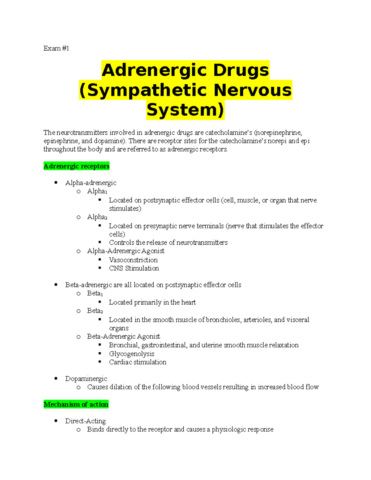 Pharm Exam #1 - Adrenergic Drugs, Cholinergic Drugs, Cholinergic ...