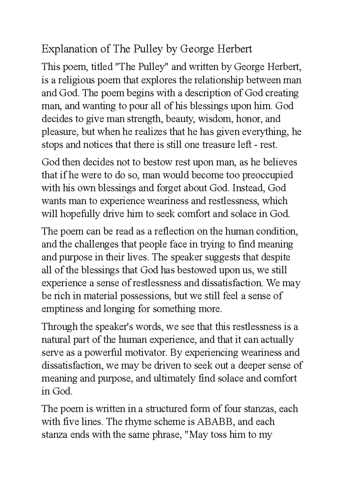 Explanation of The Pulley by Herbert The poem begins with a