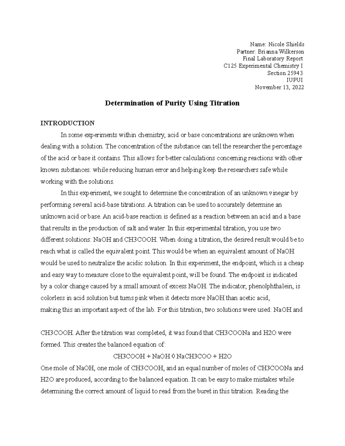 CHEM-C125 Complete Formal Report - Name: Nicole Shields Partner ...