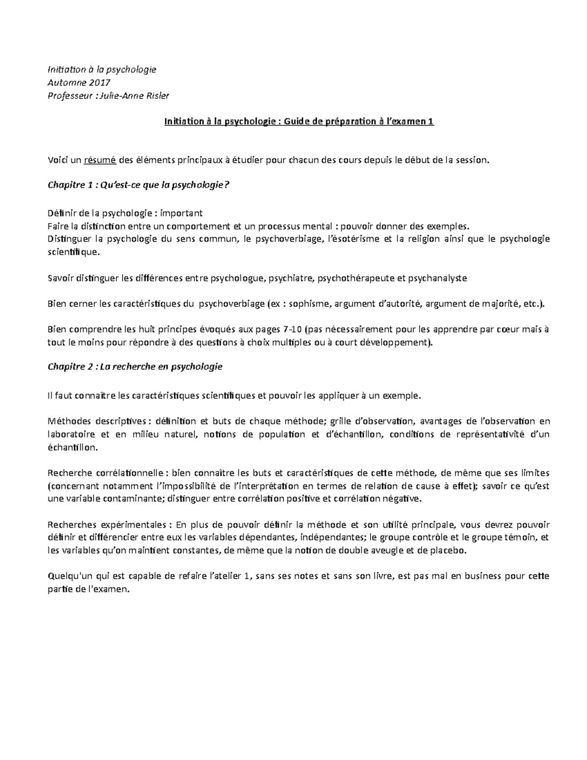 Guide Examen 1 A22 Initiation à la psychologie Automne 2017
