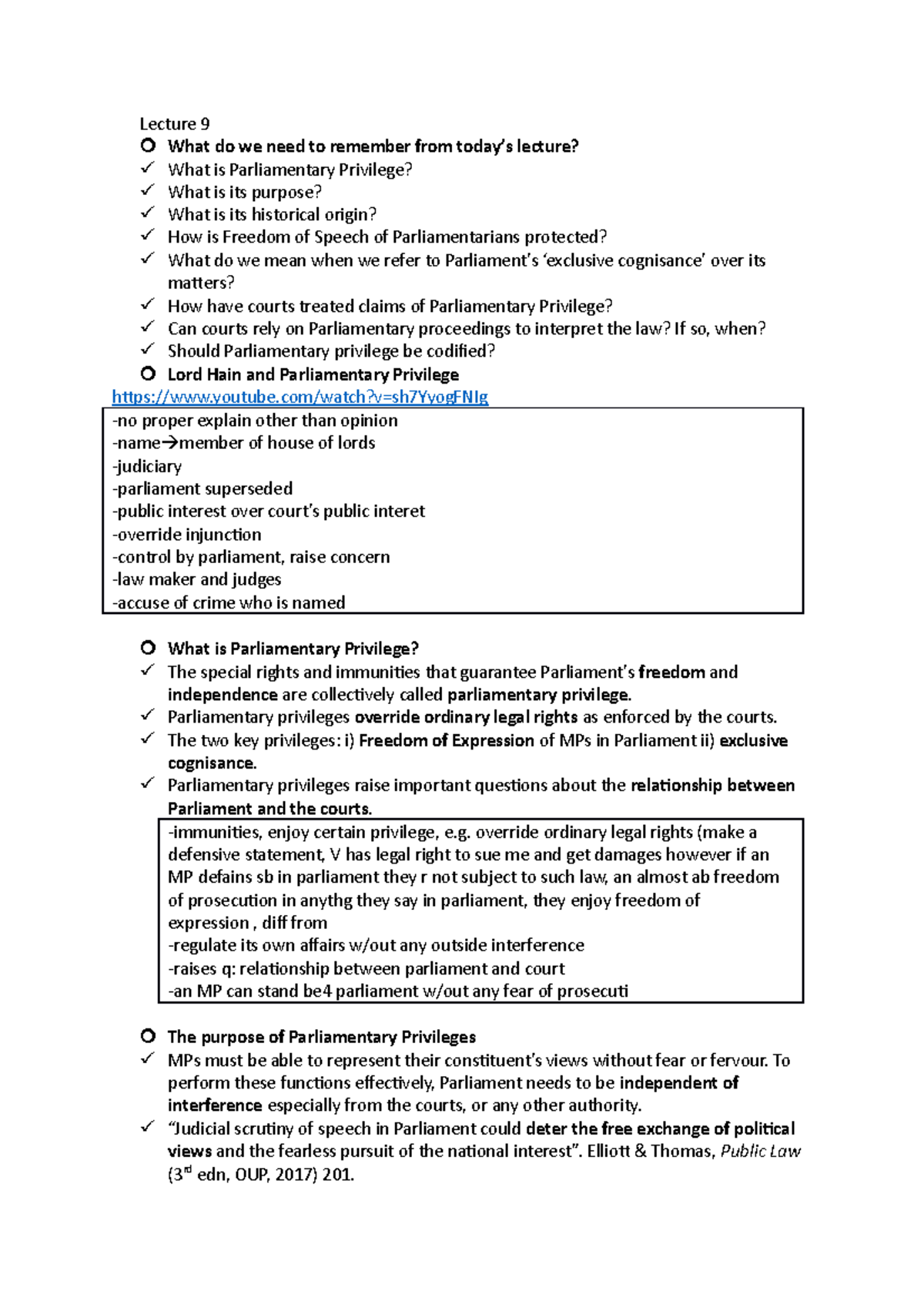 Lecture 9 notes - Parliamentary Privilege - Lecture 9 What do we need ...