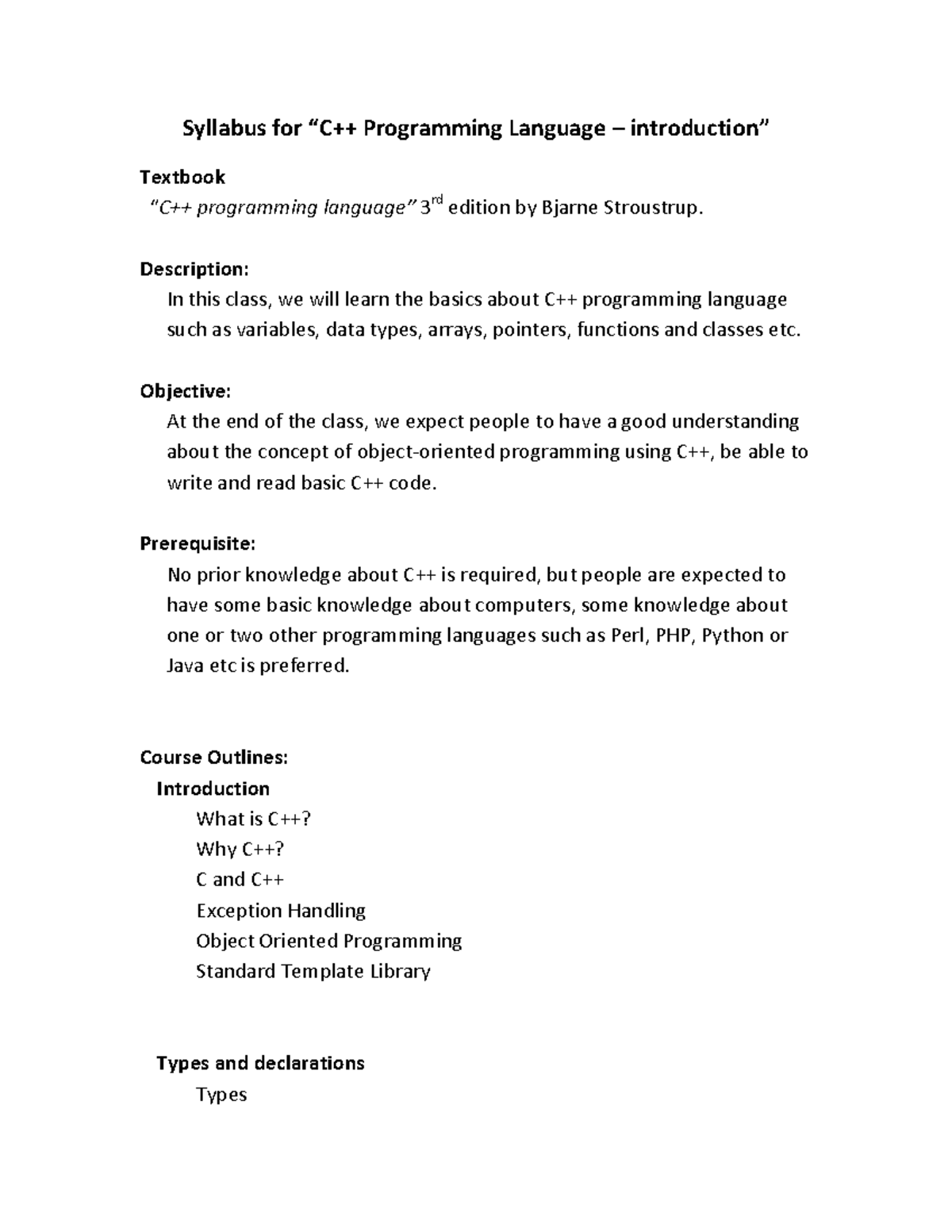 C++Introduction Syllabus - Syllabus for “C++ Programming Language ...