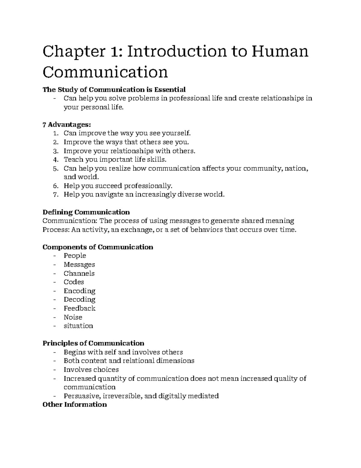 Chapter 1 Comm - notes - Chapter 1: Introduction to Human Communication ...