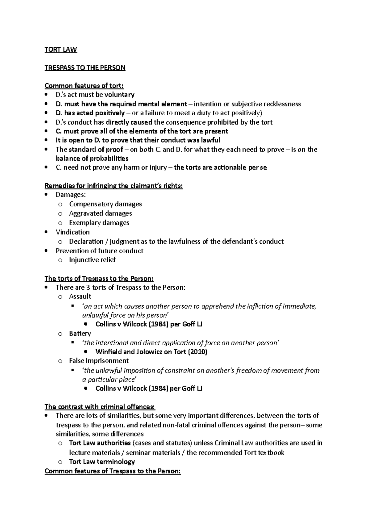 TORT LAW - Trespass to the Person - TORT LAW TRESPASS TO THE PERSON ...