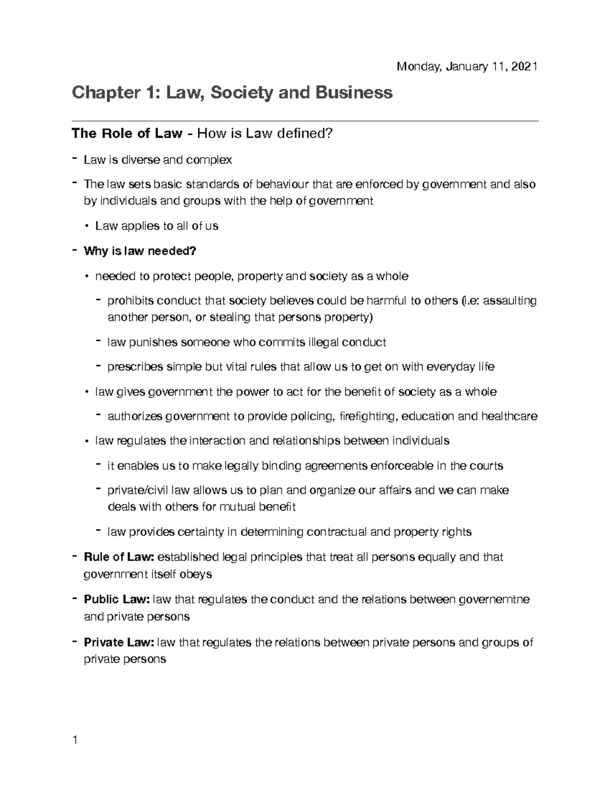 Business Law Notes-1 - Chapter 1: Law, Society And Business The Role Of ...