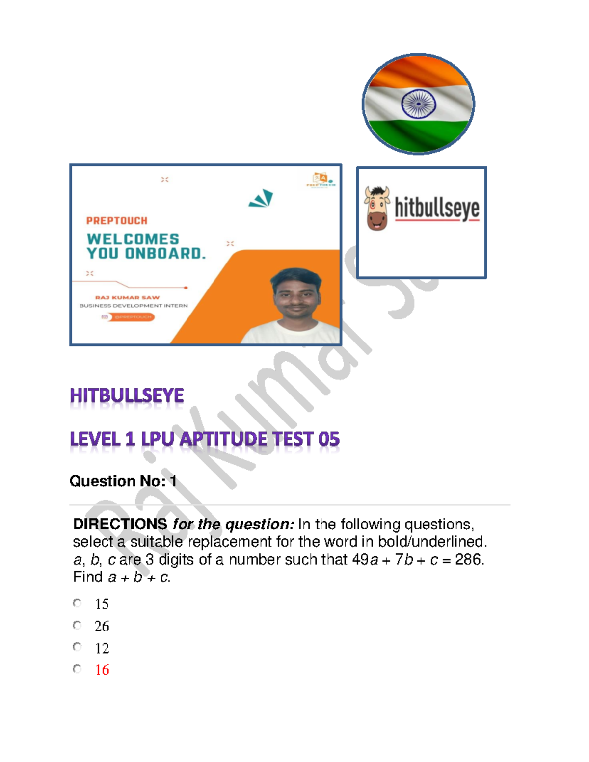 Hitbullseye Level 1 LPU Aptitude Test 05 - Question No: 1 DIRECTIONS ...