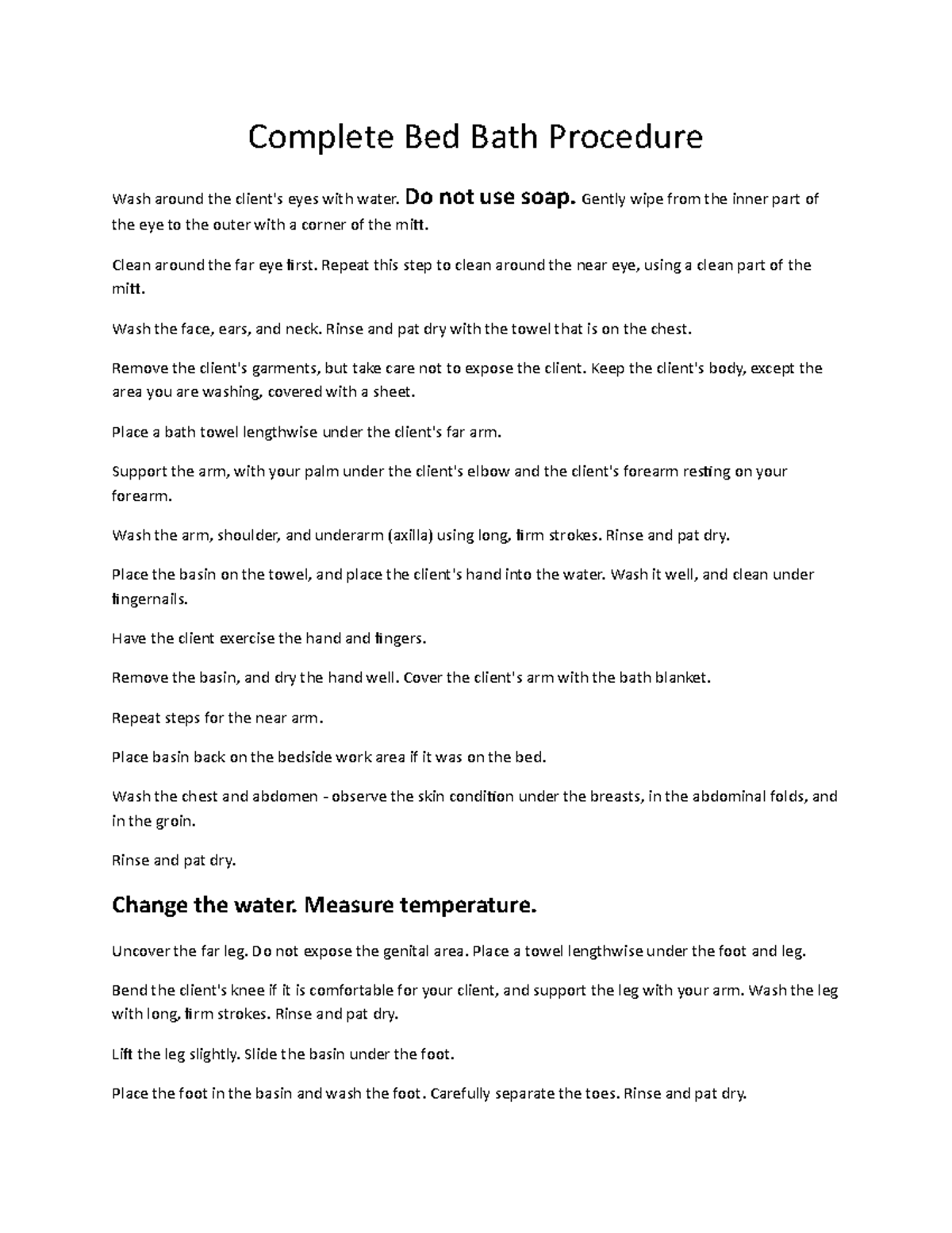 Bed Bath Procedure notes only Complete Bed Bath Procedure Wash
