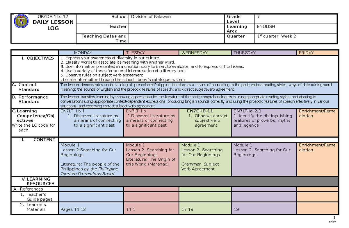DLL English Grade 7 Quarter 1 Lesson 2 (Palawan Division) - GRADE 1 to ...