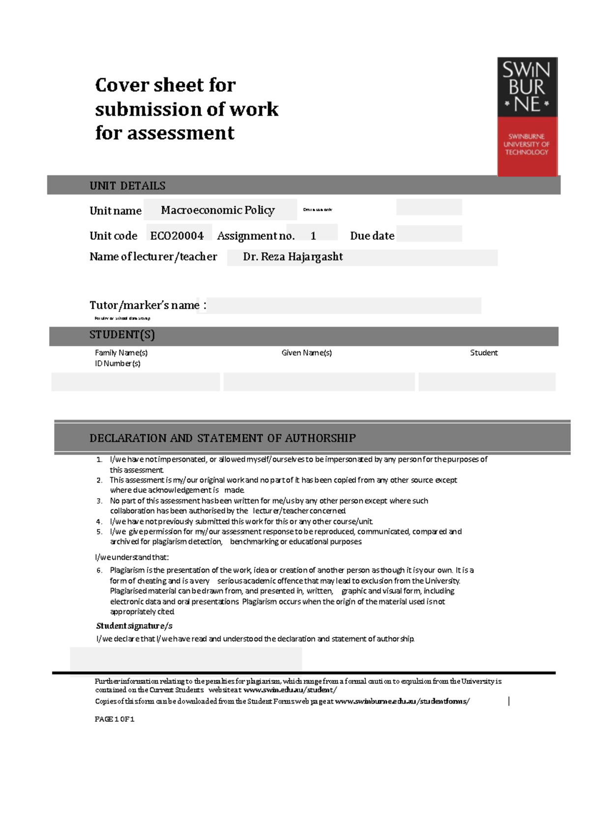 Example Report Mkt10007 - Cover Sheet For Submission Of Work For 