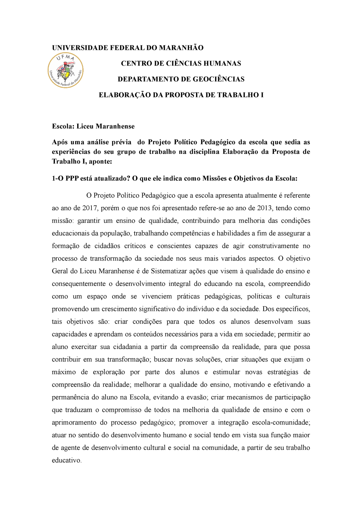 Uma Análise Prévia Do Projeto Político Pedagógico Da Escola Liceu ...