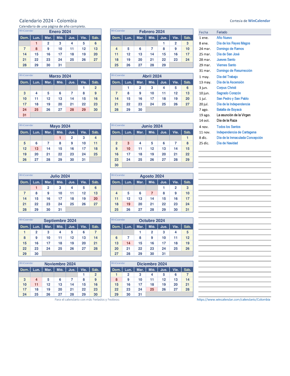 Calendario 2024 una pagina Calendario 2024 Colombia Cortesia de