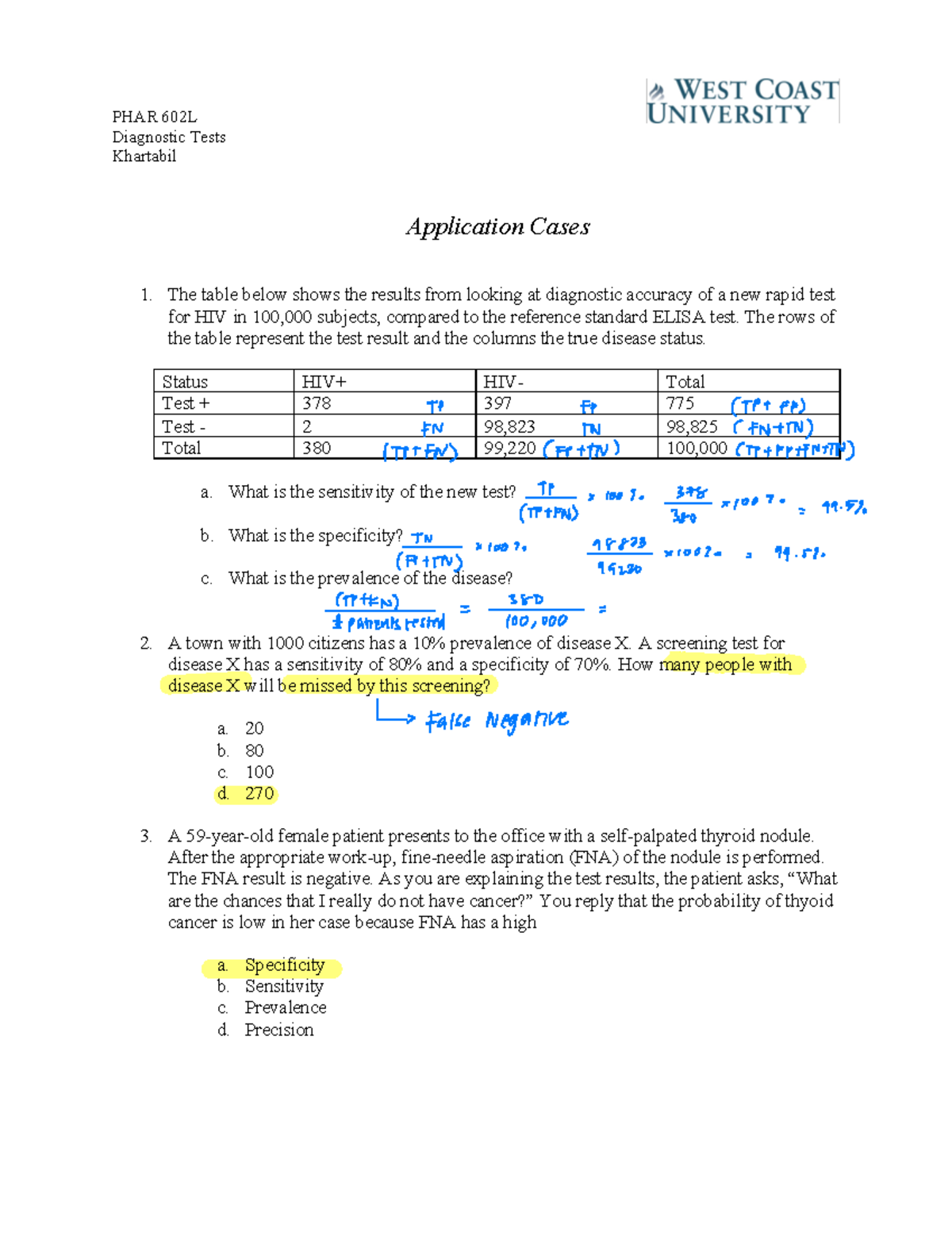 Application+Cases - Study guide for Dr.Su - PHAR 602L Diagnostic Tests ...