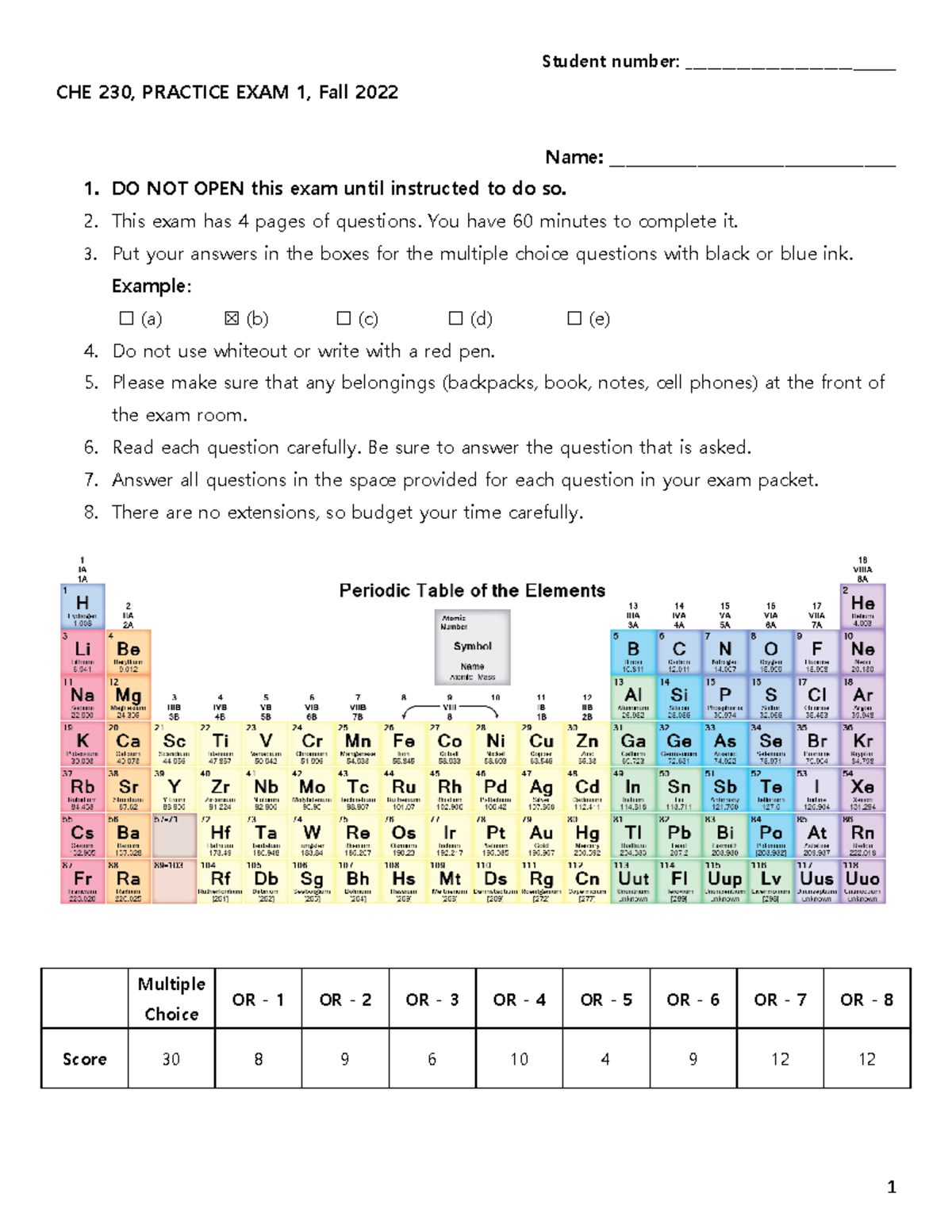 Practice+Exam+1 CHE+230 - CHE 230, PRACTICE EXAM 1, Fall 2022 Name ...