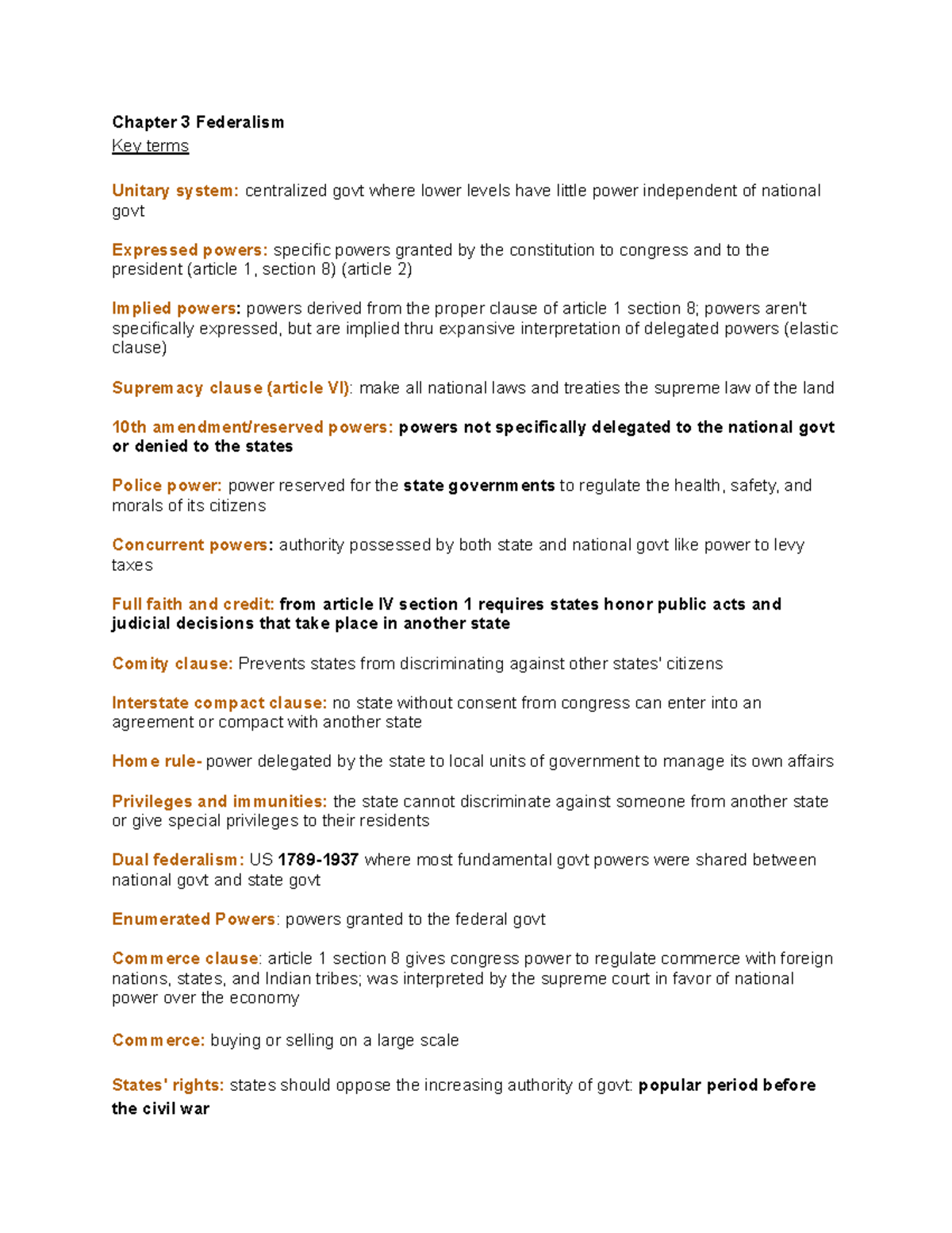 AP Gov Chapter 3 Federalism Chapter 3 Federalism Key Terms Unitary 