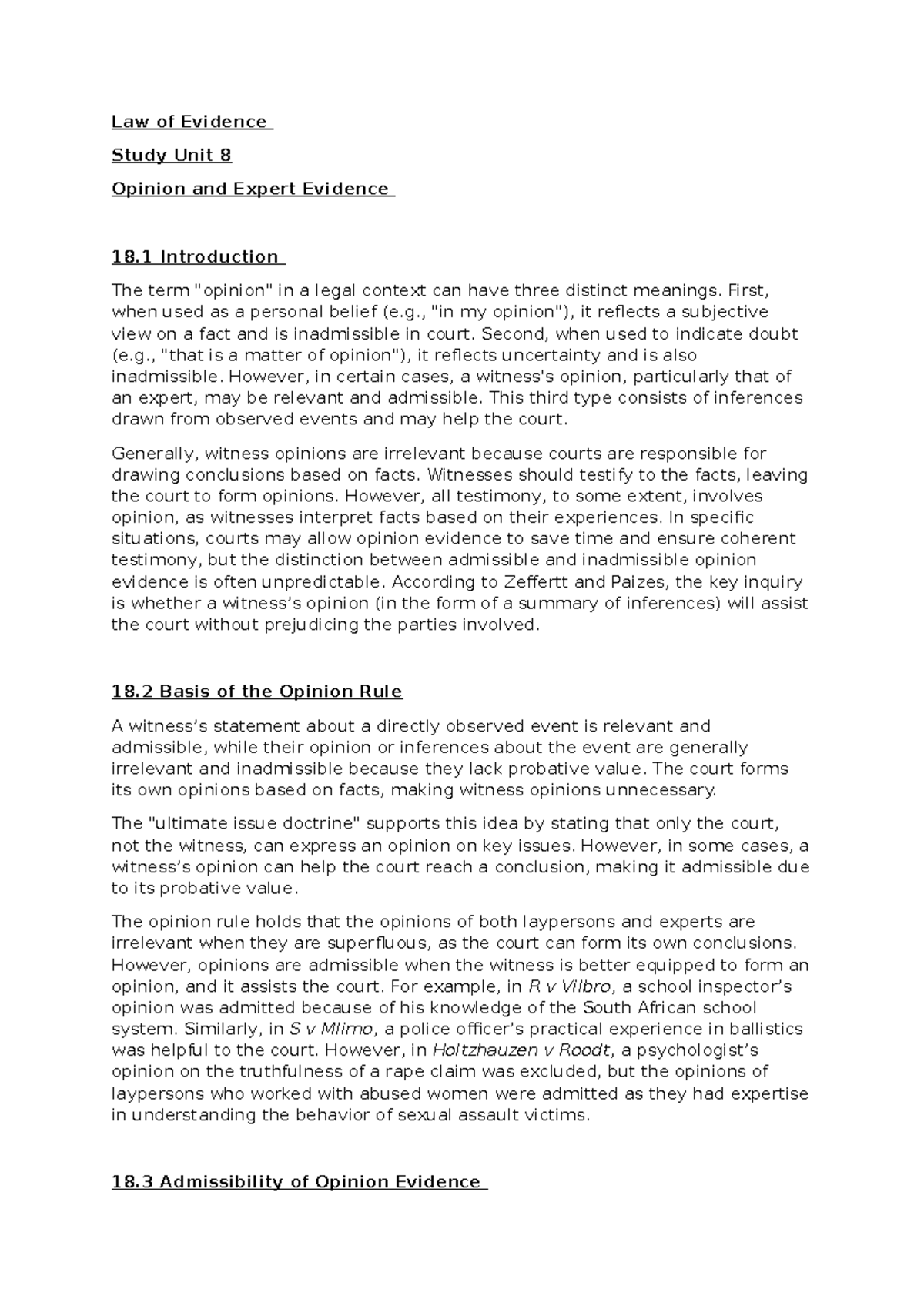 Law Of Evidence Unit 8 Notes Law Of Evidence Study Unit 8 Opinion And