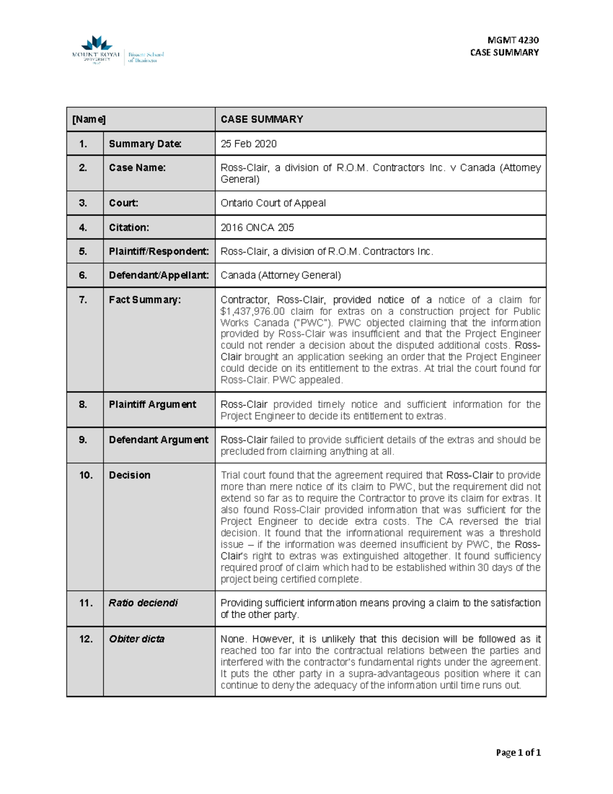 5. Ross-Clair Case Summary for BLAW a - Page 1 of 1 MGMT 4230 CASE ...