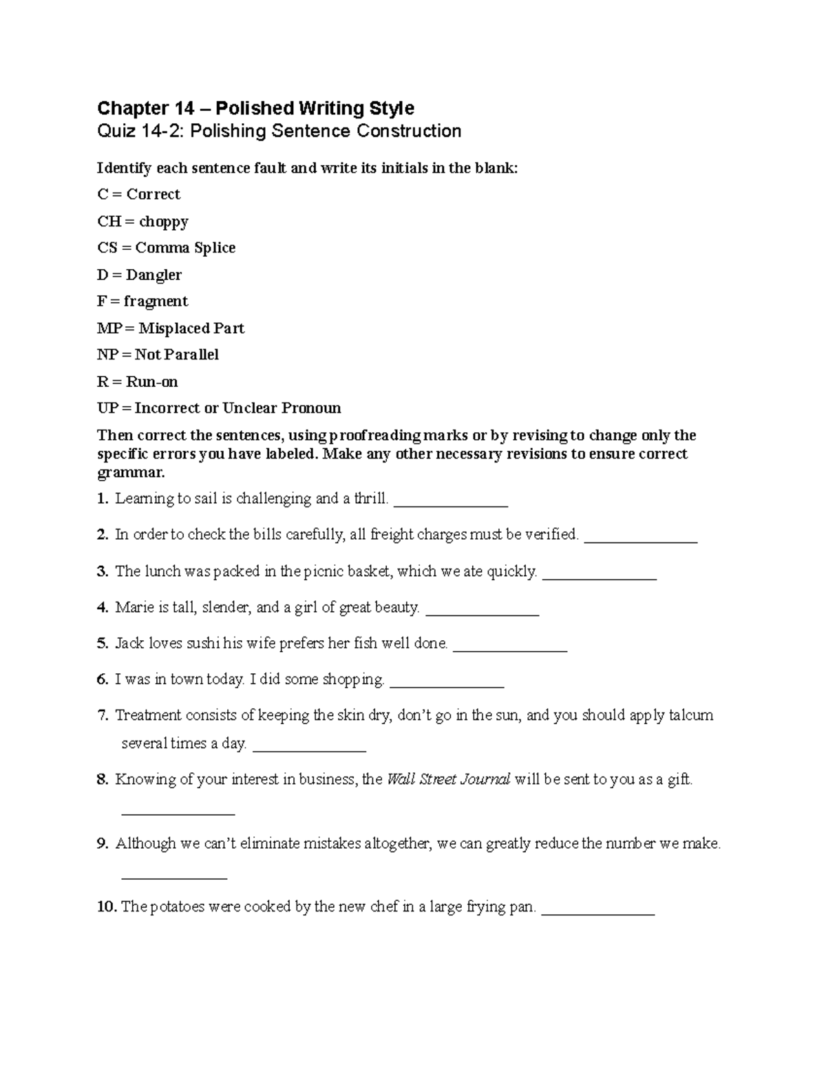 Chapter 14 Assignment B - Chapter 14 – Polished Writing Style Quiz 14-2 ...