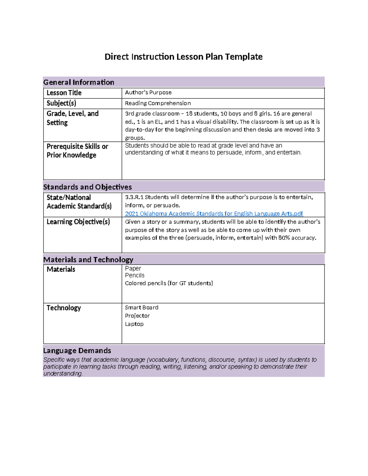 Task 1 - N/A - Direct Instruction Lesson Plan Template General ...