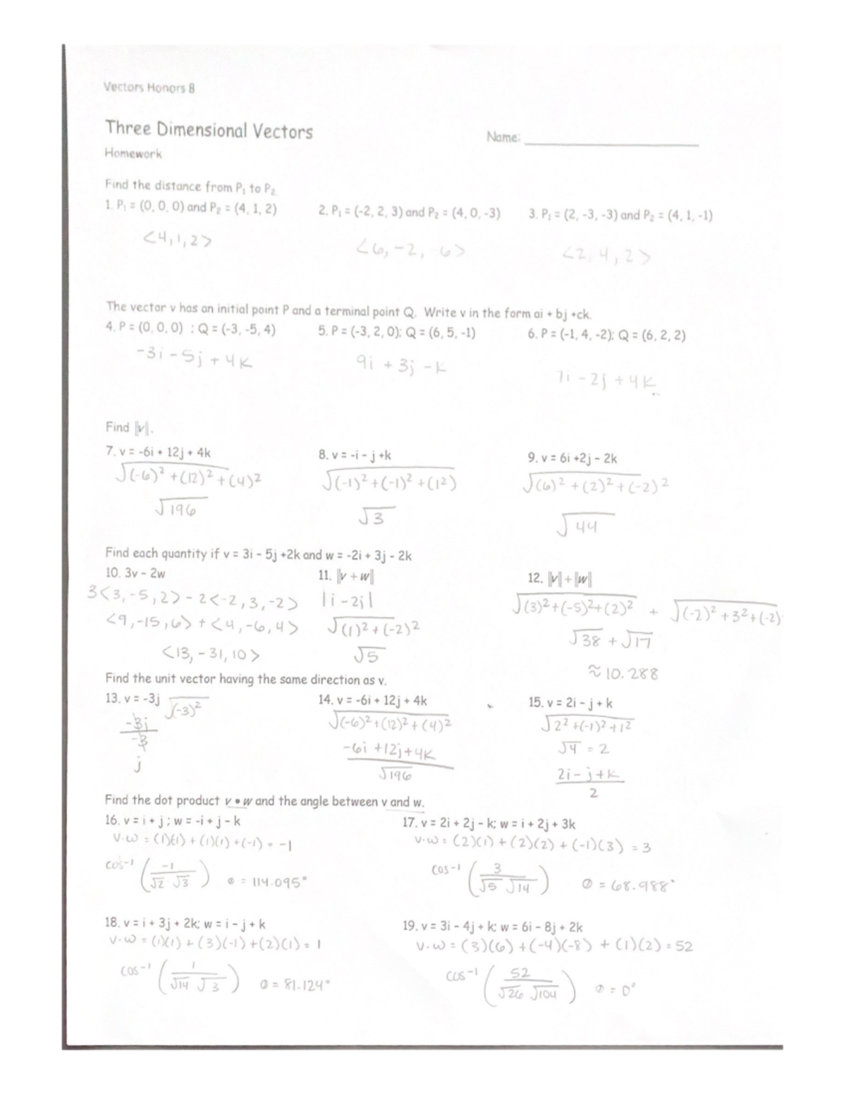 3d Vectors - Pre Calc Homework - Studocu