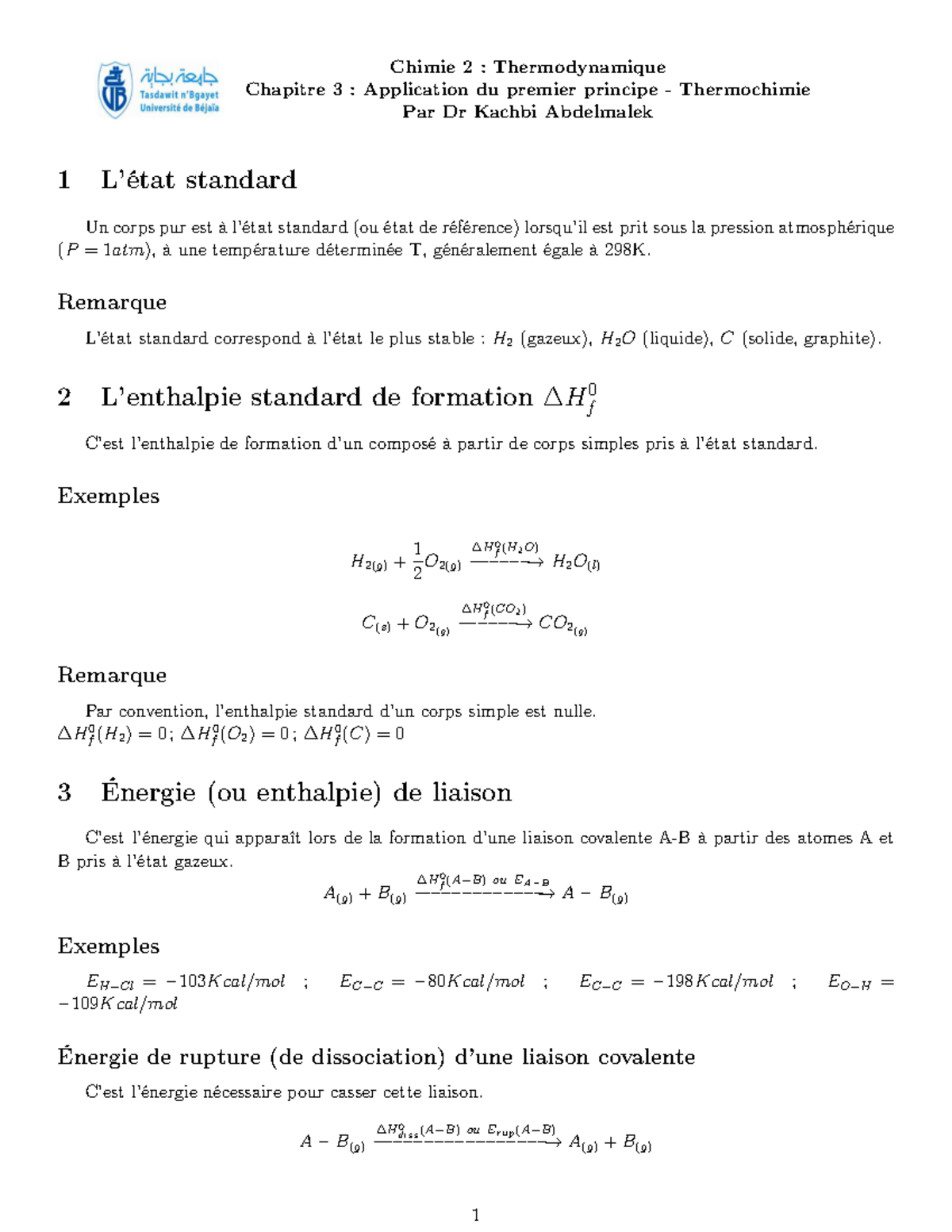 Chapitre 3 de Chimie 2 - Chimie 2 : Thermodynamique Chapitre 3 ...