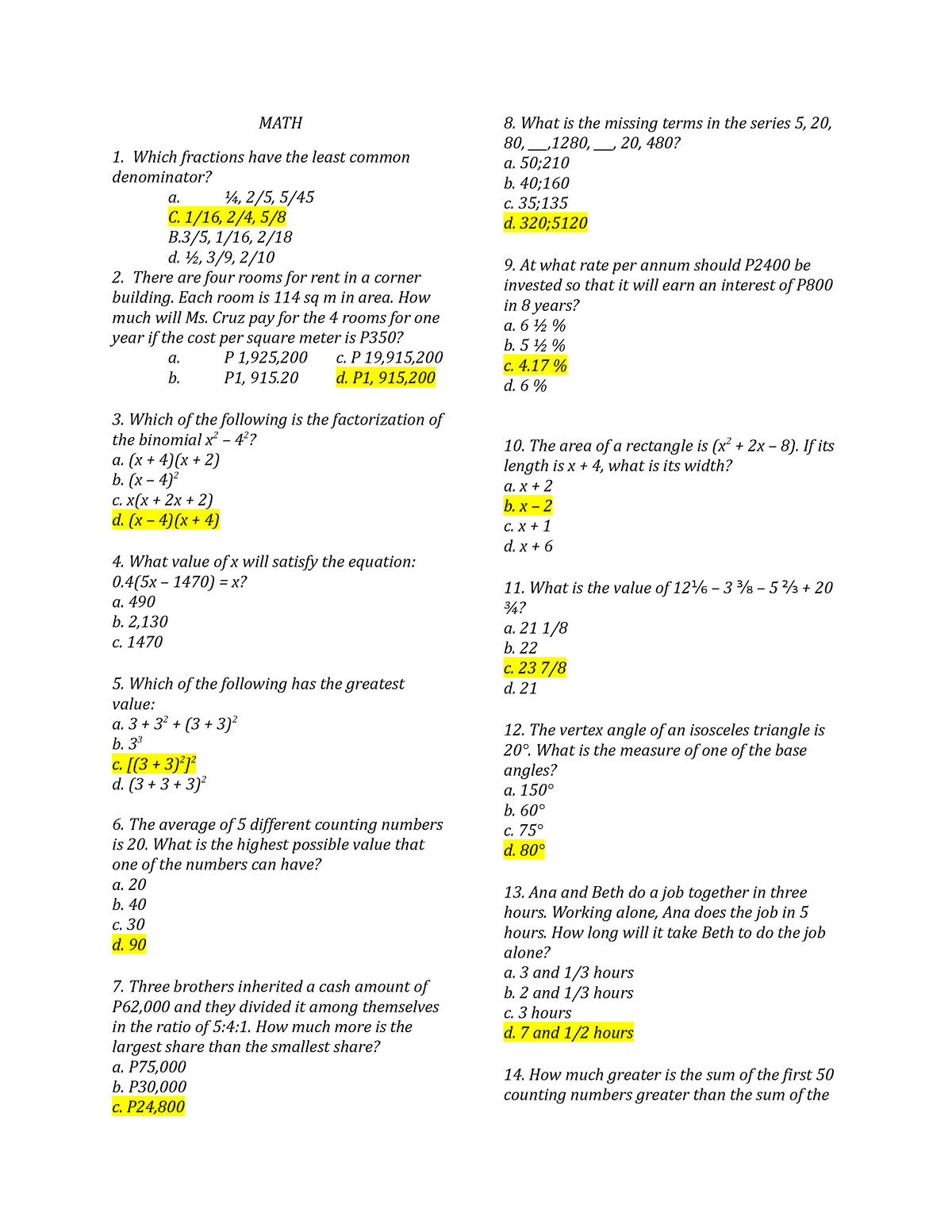 General Education LET Reviewer MATH - MATH Which fractions have the ...