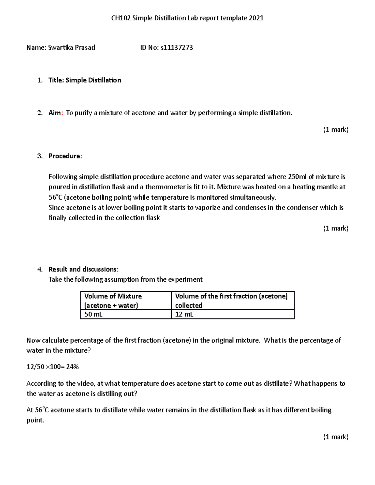 CH102 lab 4 simple distillation CH102 Simple Distillation Lab report