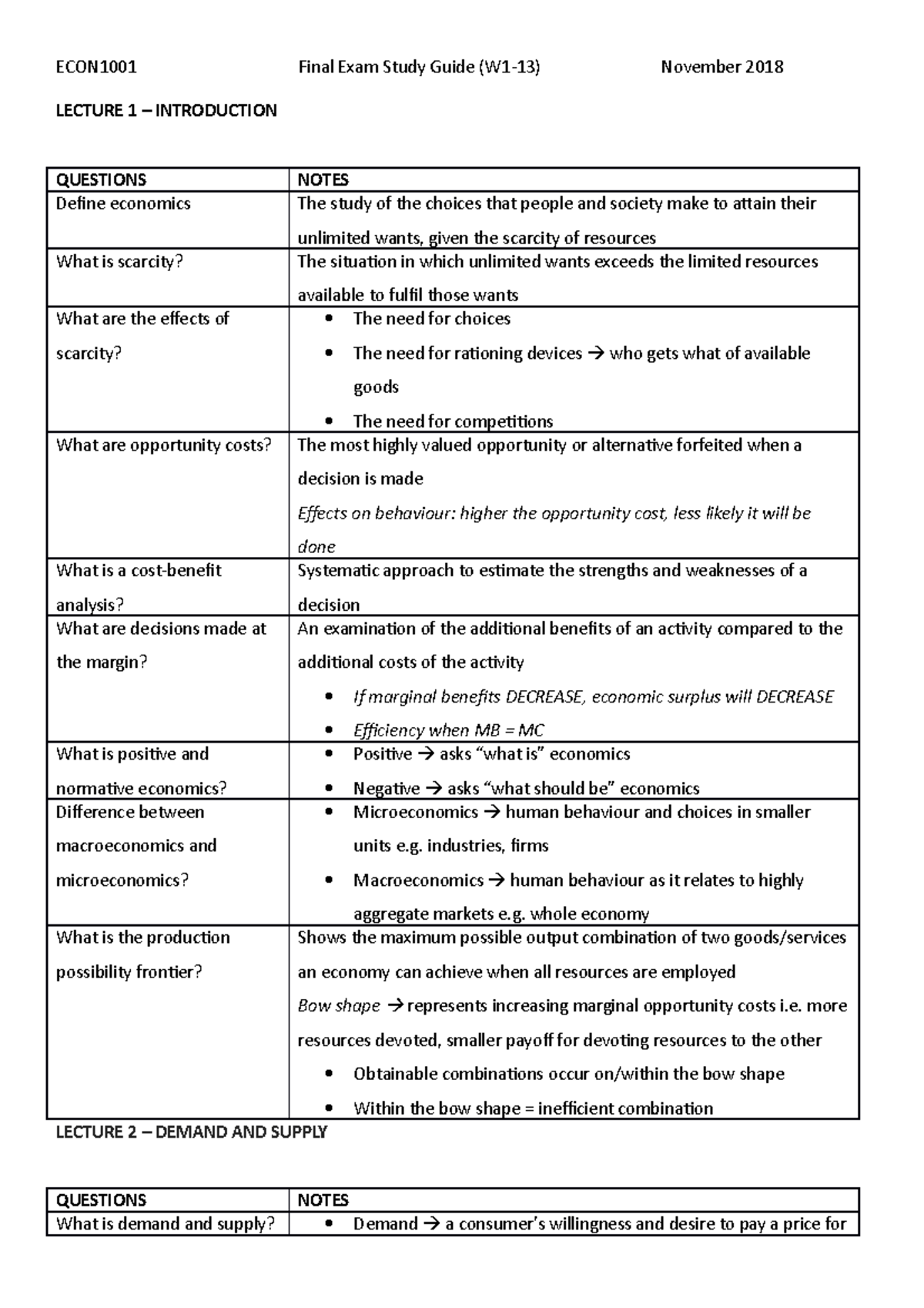 ECON1001 Final Exam Sem Study Guide November 2018 - LECTURE 1 ...