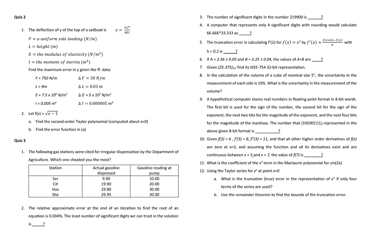 Quiz for Numerical Solution - Quiz 2 The deflection of y of the top of ...