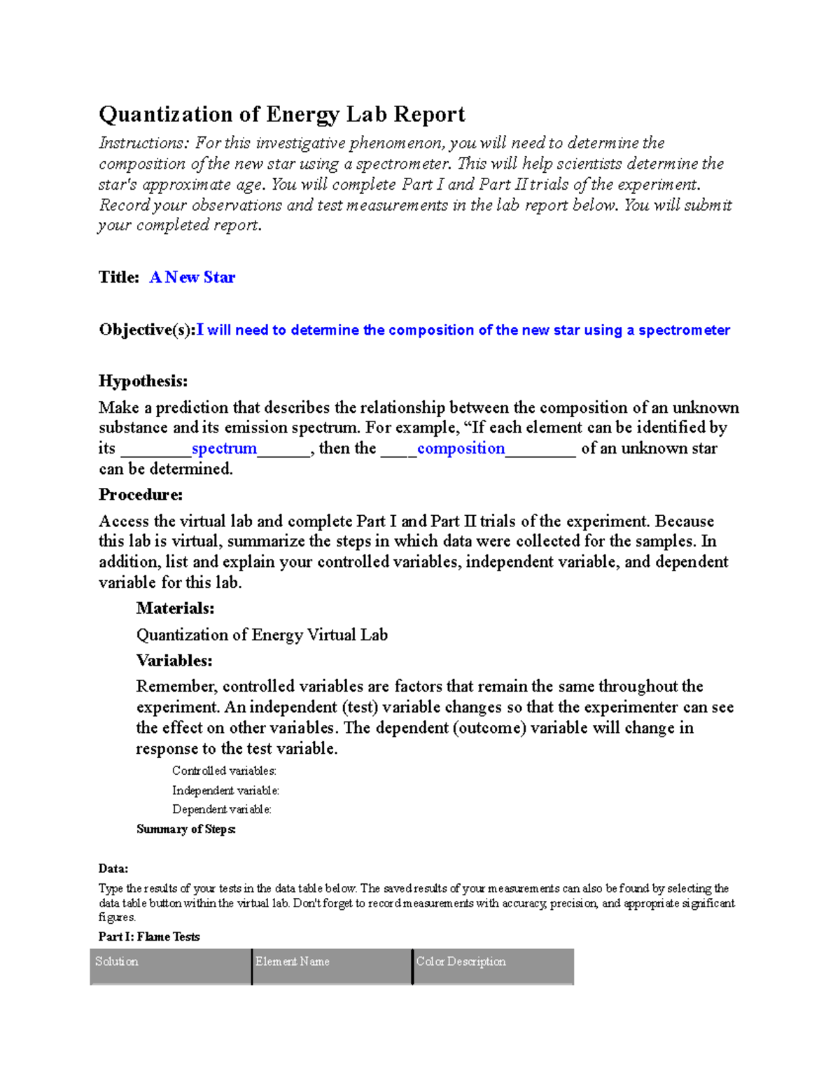 Energy Lab Report 1.04 short story of the week Quantization of Energy Lab Report Instructions